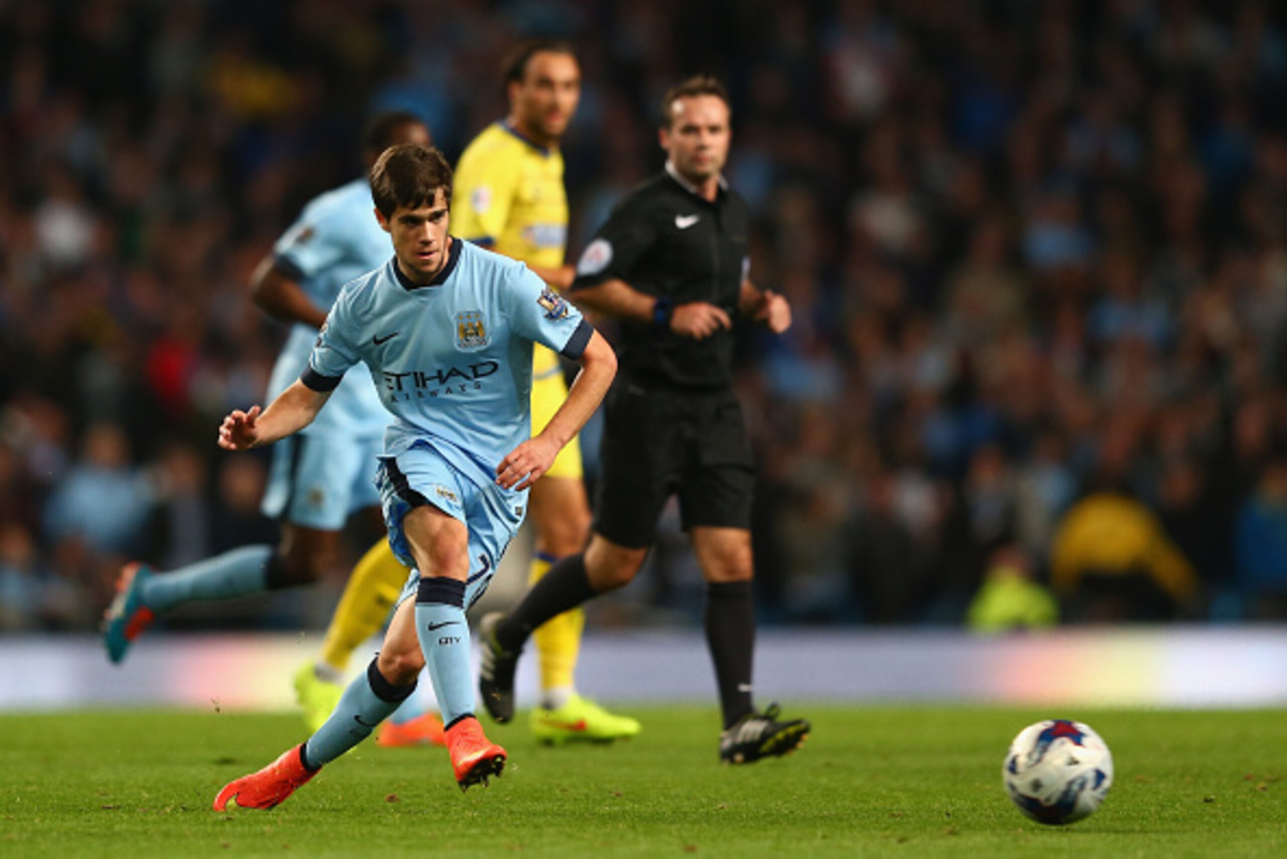 MANCHESTER, ENGLAND - SEPTEMBER 24: Jose Pozo of Manchester City  during the Capital One Cup Third Round match between Manchester City and Sheffield Wednesday at the Etihad Stadium on September 24, 2014 in Manchester, England.  (Photo by Michael Steele/Ge