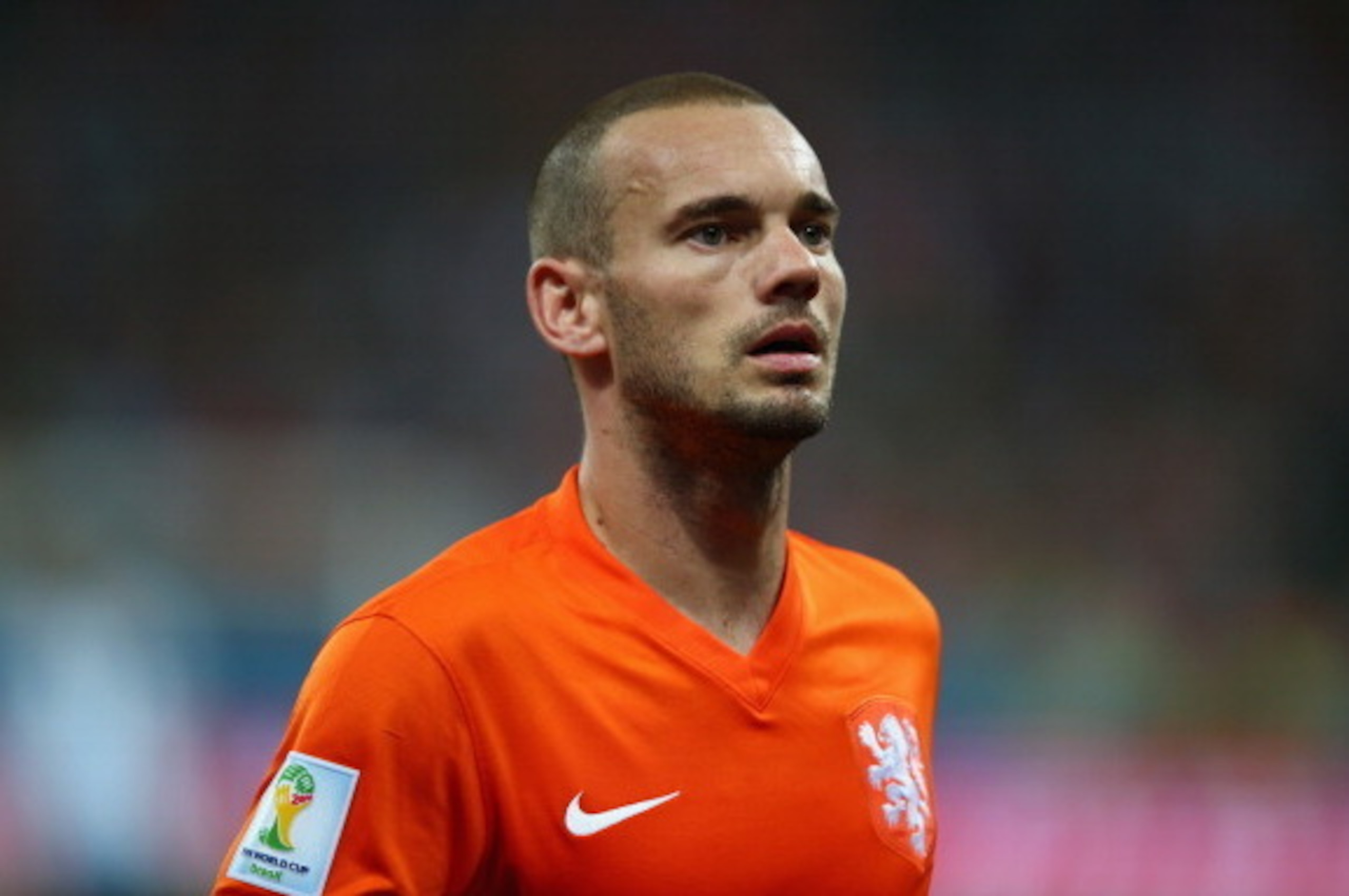 SAO PAULO, BRAZIL - JULY 09: Wesley Sneijder of the Netherlands looks on during the 2014 FIFA World Cup Brazil Semi Final match between the Netherlands and Argentina at Arena de Sao Paulo on July 9, 2014 in Sao Paulo, Brazil.  (Photo by Clive Rose/Getty I
