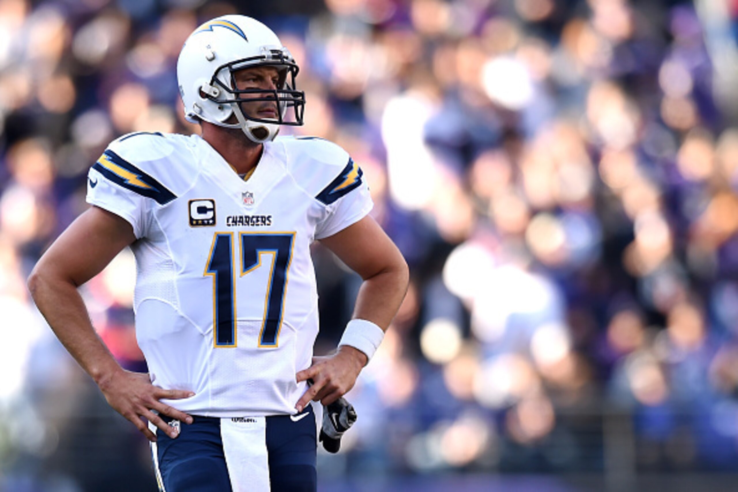 BALTIMORE, MD - NOVEMBER 30: Quarterback Philip Rivers #17 of the San Diego Chargers reacts to a call against the Baltimore Ravens in the first half at M&T Bank Stadium on November 30, 2014 in Baltimore, Maryland. The San Diego Chargers won, 34-33. (Photo