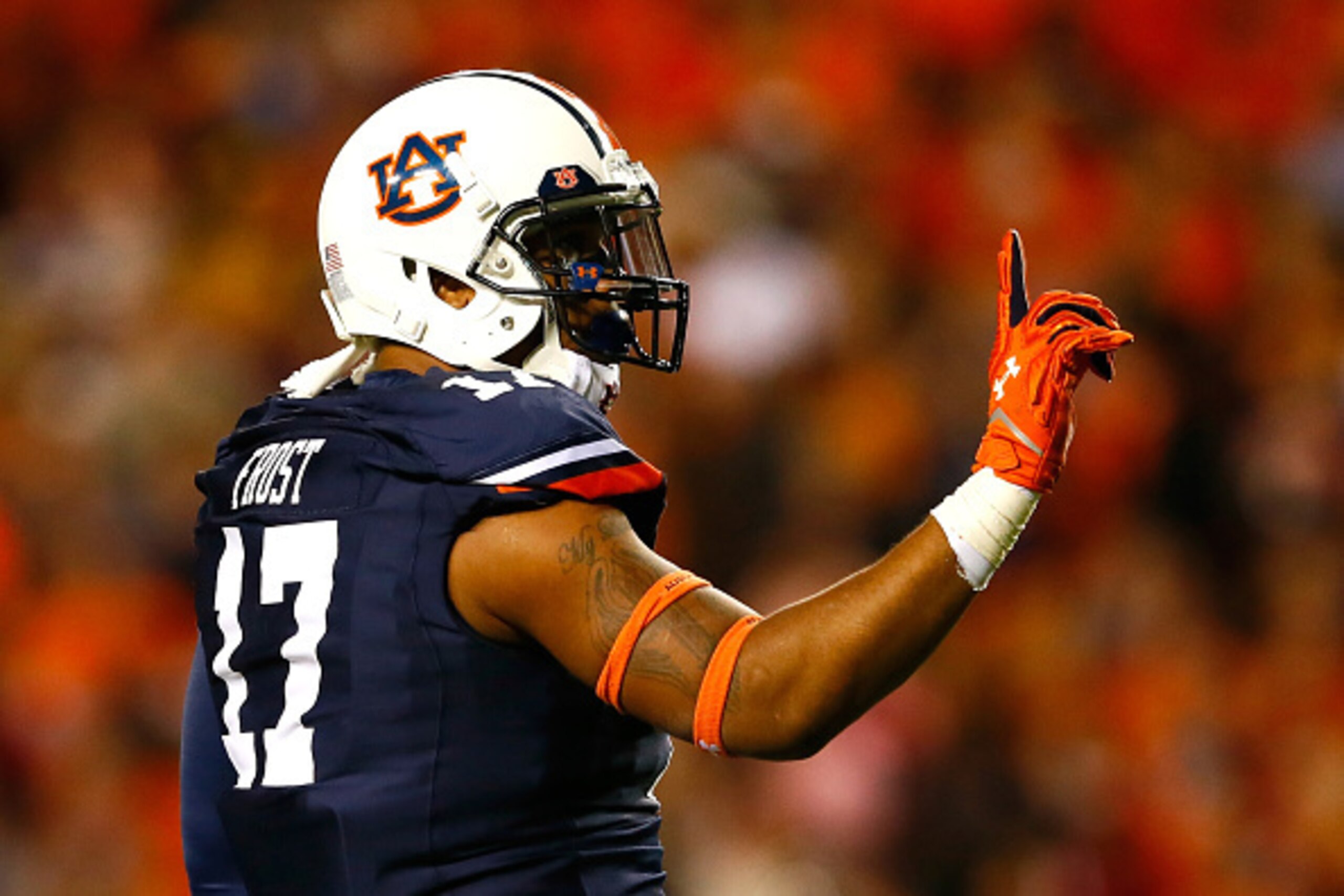 AUBURN, AL - OCTOBER 04: Kris Frost #17 of the Auburn Tigers reacts after a defensive stop against the LSU Tigers at Jordan Hare Stadium on October 4, 2014 in Auburn, Alabama. (Photo by Kevin C. Cox/Getty Images) AUBURN, AL - OCTOBER 04: Kris Frost #17 of the Auburn Tigers reacts after a defensive stop against the LSU Tigers at Jordan Hare Stadium on October 4, 2014 in Auburn, Alabama. (Photo by Kevin C. Cox/Getty Images)
