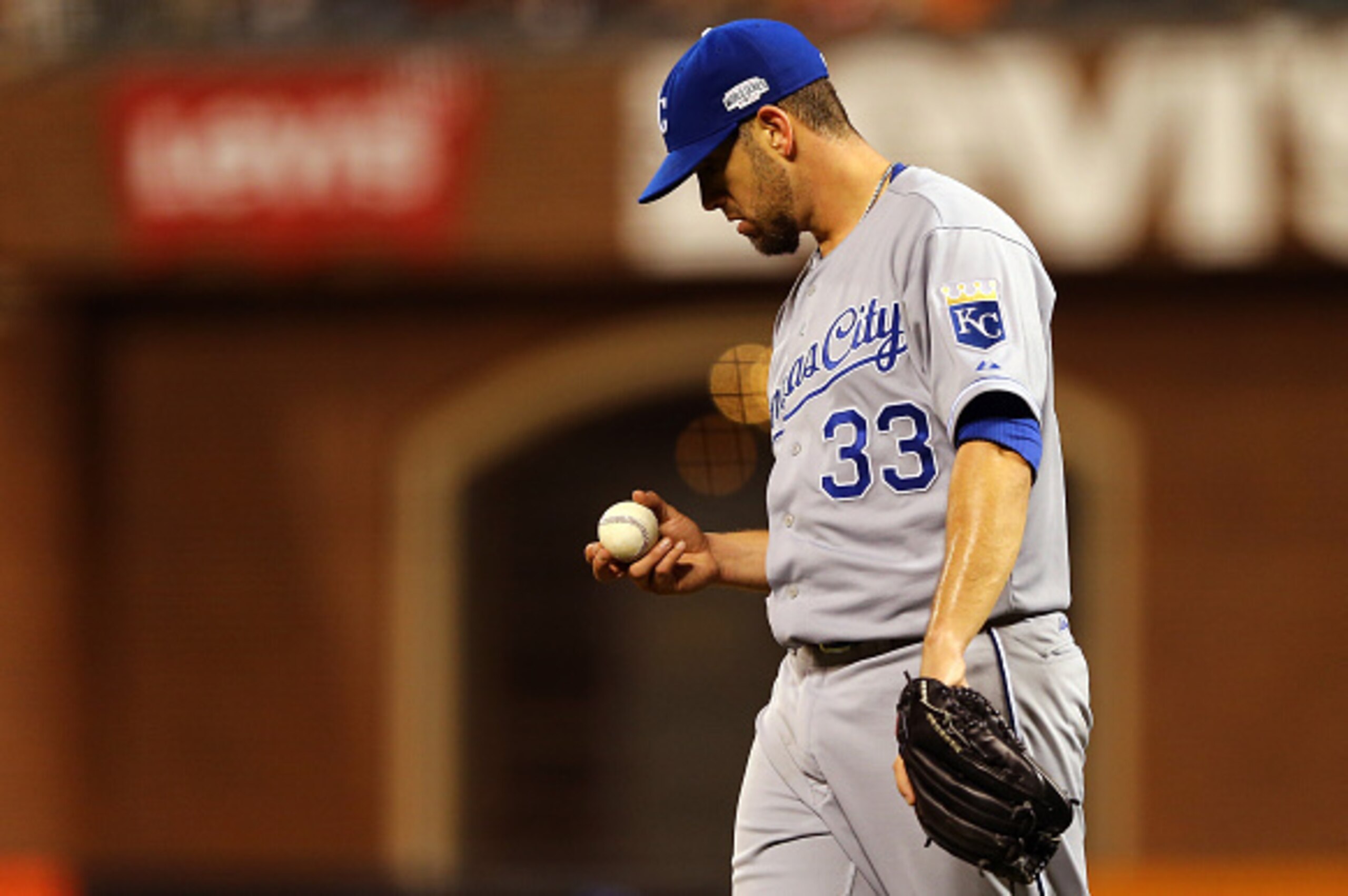 SAN FRANCISCO, CA - OCTOBER 26: James Shields #33 of the Kansas City Royals looks on against the San Francisco Giants during Game Five of the 2014 World Series at AT&T Park on October 26, 2014 in San Francisco, California.  (Photo by Elsa/Getty Images)