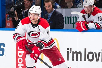 TAMPA, FL - DECEMBER 11: Andrej Sekera #4 of the Carolina Hurricanes skates against the Tampa Bay Lightning at the Amalie Arena on December 11, 2014 in Tampa, Florida.  (Photo by Scott Audette/NHLI via Getty Images)