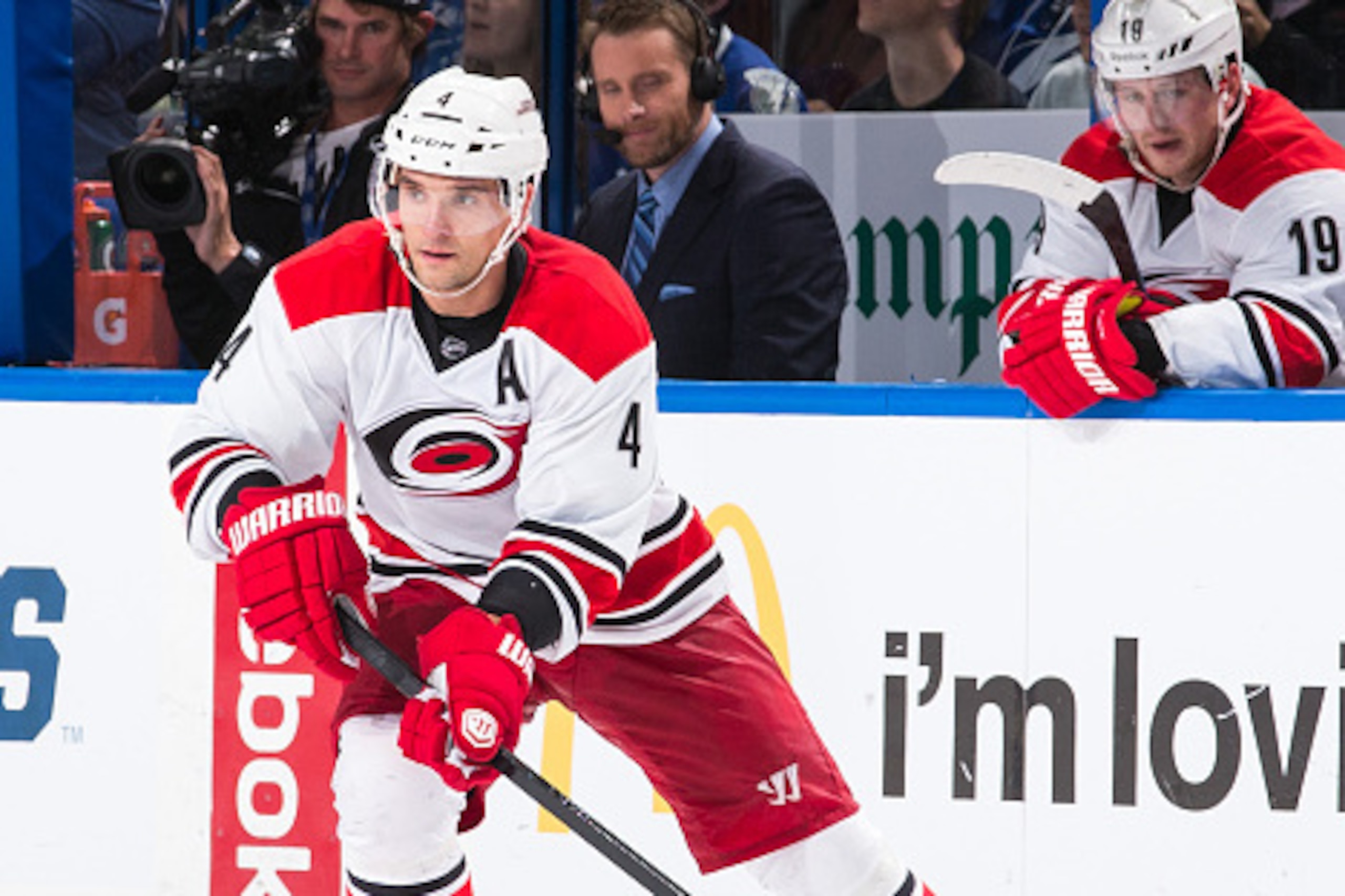 TAMPA, FL - DECEMBER 11: Andrej Sekera #4 of the Carolina Hurricanes skates against the Tampa Bay Lightning at the Amalie Arena on December 11, 2014 in Tampa, Florida.  (Photo by Scott Audette/NHLI via Getty Images)