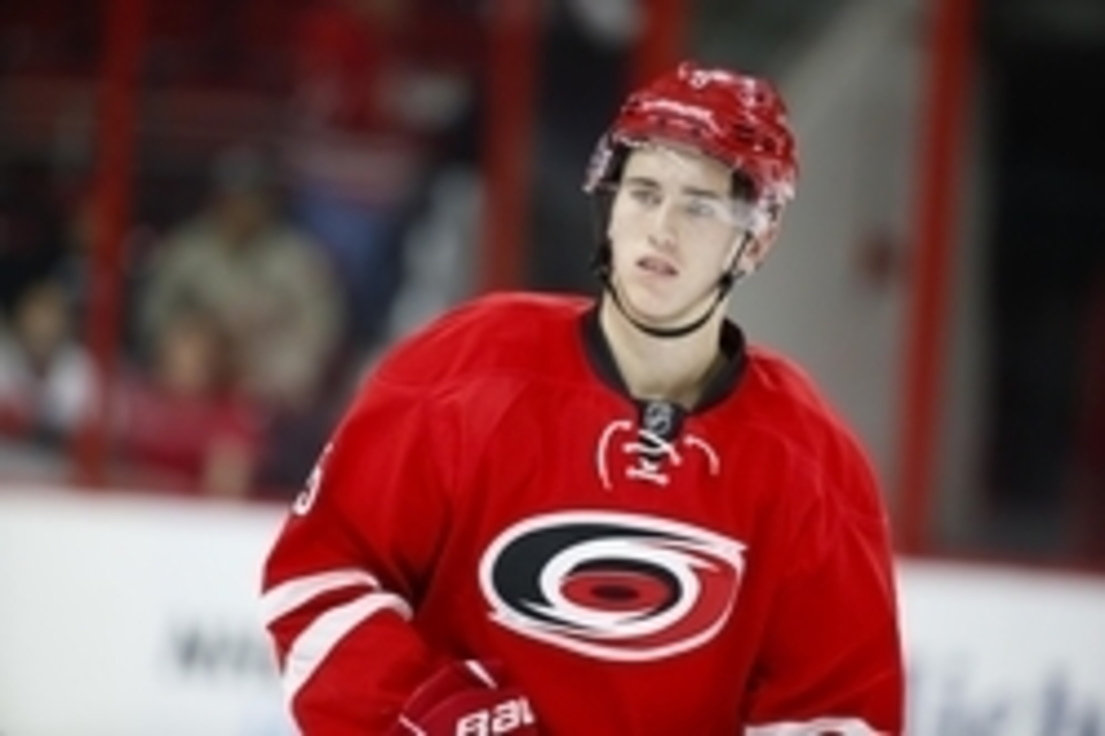 Sep 21, 2014; Raleigh, NC, USA; Carolina Hurricanes defensemen Haydn Fleury (5) looks on before the start of the game against the Columbus Blue Jackets at PNC Arena. The Columbus Blue Jackets defeated the Carolina Hurricanes 4-3. Mandatory Credit: James G Sep 21, 2014; Raleigh, NC, USA; Carolina Hurricanes defensemen Haydn Fleury (5) looks on before the start of the game against the Columbus Blue Jackets at PNC Arena. The Columbus Blue Jackets defeated the Carolina Hurricanes 4-3. Mandatory Credit: James G