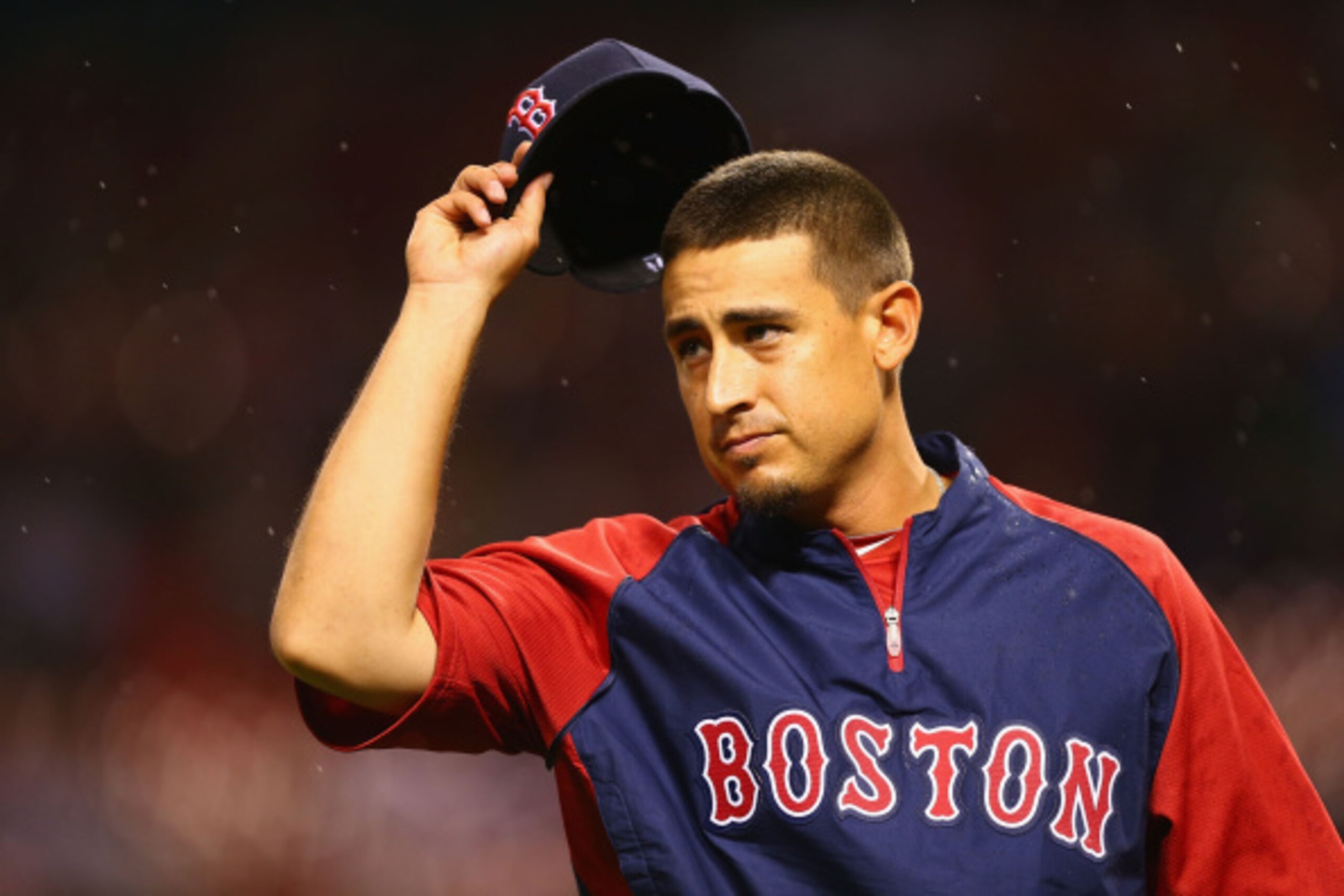 ST. LOUIS, MO - AUGUST 6: Allen Craig #5 of the Boston Red Sox acknowledges the crowd at Busch Stadium after presenting the line-up card prior to playing against the St. Louis Cardinals on August 6, 2014 in St. Louis, Missouri.  (Photo by Dilip Vishwanat/