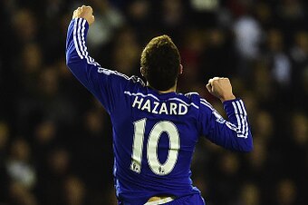 DERBY, ENGLAND - DECEMBER 16:  Eden Hazard of Chelsea celebrates his goal during the Capital One Cup Quarter-Final match between Derby County and Chelsea at Pride Park Stadium on December 16, 2014 in Derby, England.  (Photo by Jamie McDonald/Getty Images)