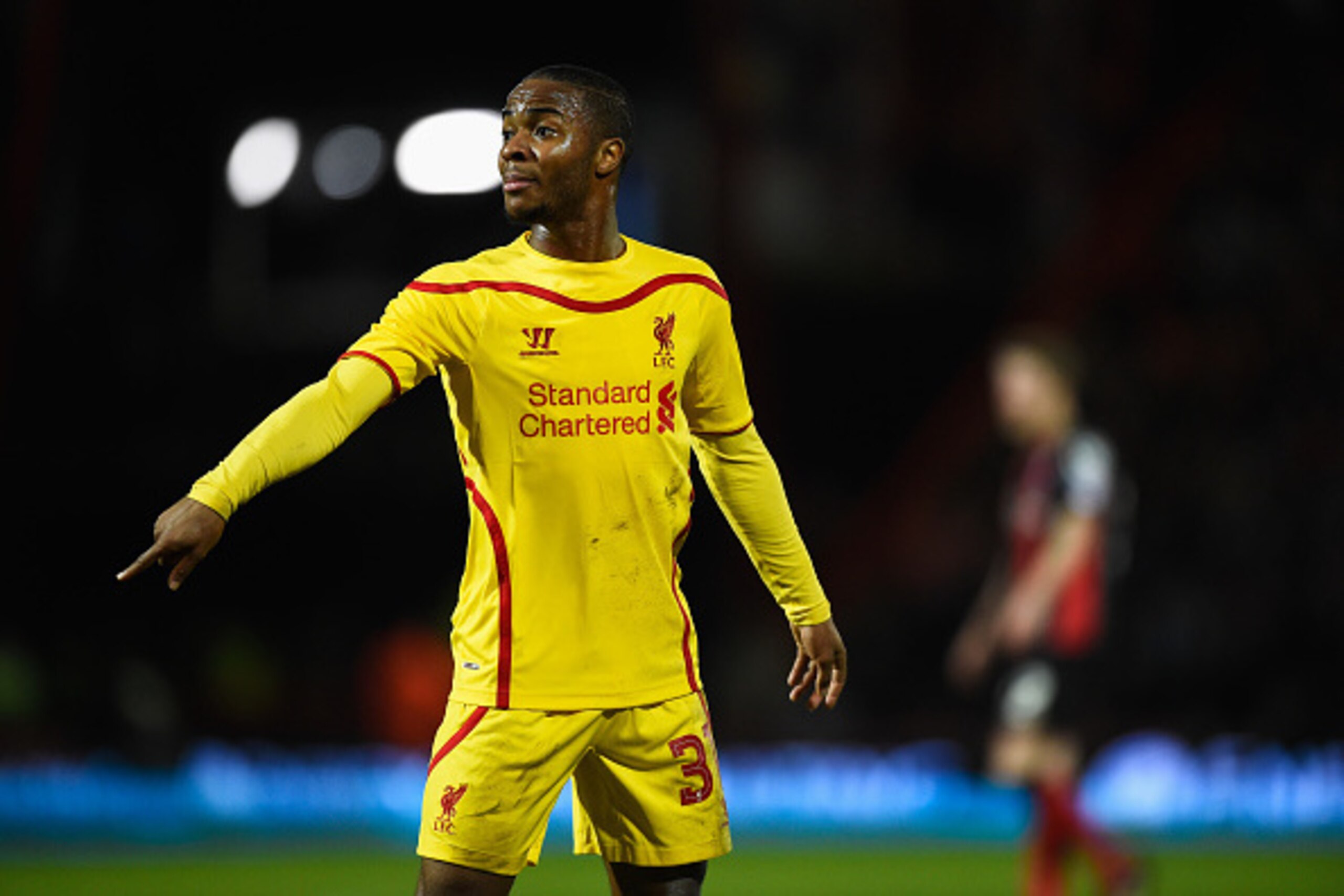 BOURNEMOUTH, ENGLAND - DECEMBER 17:  Raheem Sterling of Liverpool makes his point during the Capital One Cup Quarter-Final match between Bournemouth and Liverpool at Goldsands Stadium on December 17, 2014 in Bournemouth, England.  (Photo by Mike Hewitt/Ge
