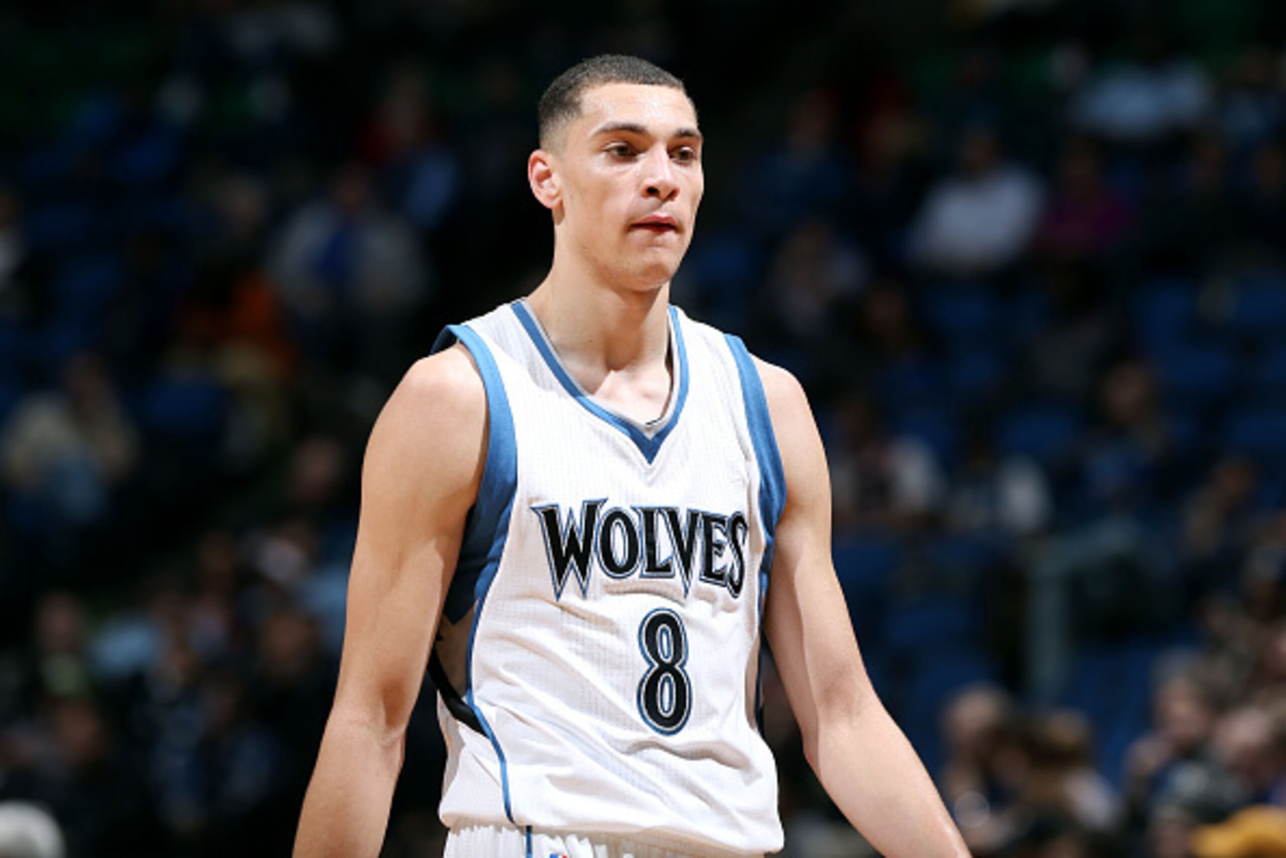 MINNEAPOLIS, MN - DECEMBER 10: Zach LaVine #8 of the Minnesota Timberwolves stands on the court during a game against the Portland Trail Blazers on December 10, 2014 at Target Center in Minneapolis, Minnesota. NOTE TO USER: User expressly acknowledges and