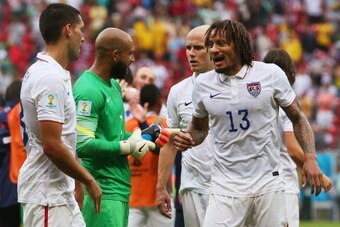 RECIFE, BRAZIL - JUNE 26: (L-R) Clint Dempsey, Tim Howard, Michael Bradley and Jermaine Jones of the United States react after being defeated by Germany 1-0 during the 2014 FIFA World Cup Brazil group G match between the United States and Germany at Arena