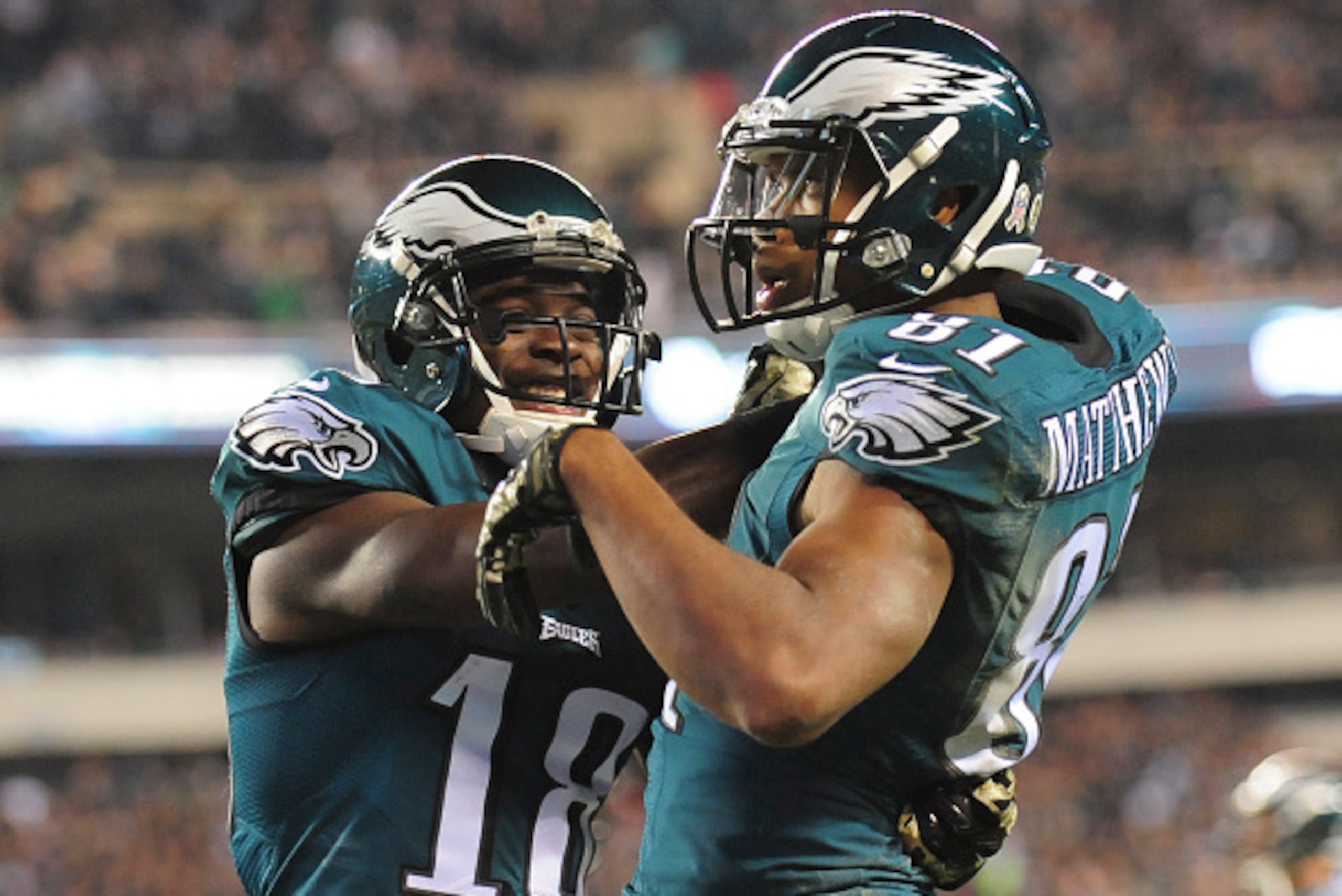 PHILADELPHIA, PA - NOVEMBER 10: Jordan Matthews #81 and Jeremy Maclin #18 of the Philadelphia Eagles react after Matthews scored a touchdown against the Carolina Panthers on November 10, 2014 at Lincoln Financial Field in Philadelphia, Pennsylvania. (Phot
