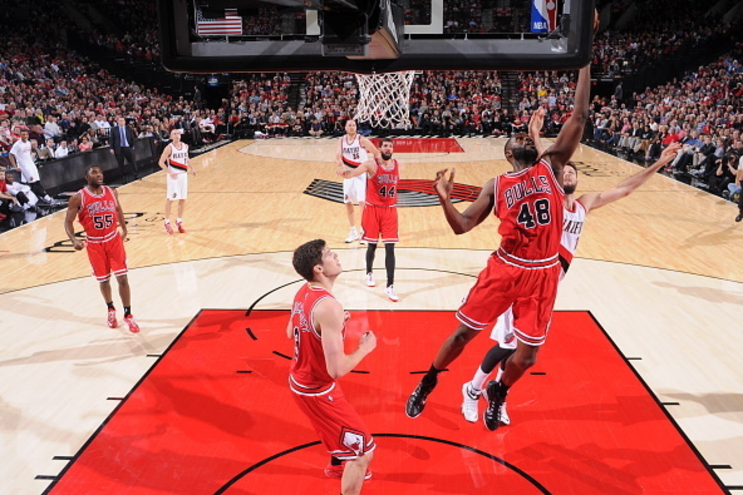 PORTLAND, OR - NOVEMBER 21:  Nazr Mohammed #48 of the Chicago Bulls drives to the basket against the Portland Trail Blazers on November 21, 2014 at the Moda Center Arena in Portland, Oregon. NOTE TO USER: User expressly acknowledges and agrees that, by do