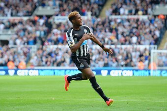 NEWCASTLE UPON TYNE, ENGLAND - AUGUST 30: Rolando Aarons of Newcastle United celebrates scoring their second goal during the Barclays Premier League match between Newcastle United and Crystal Palace at St James' Park on August 30, 2014 in Newcastle upon T