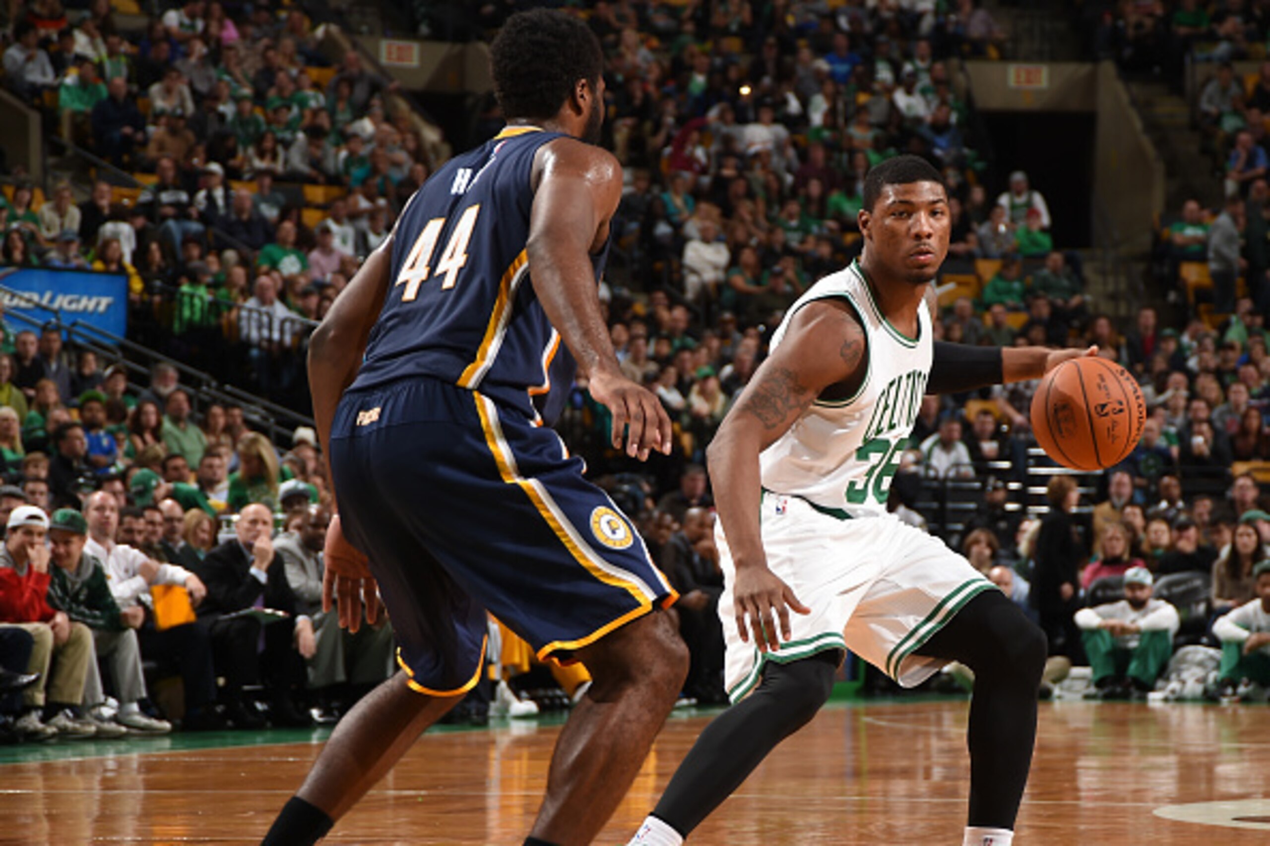 BOSTON, MA - NOVEMBER 7:  Marcus Smart #36 of the Boston Celtics handles the ball against the Indiana Pacers on November 7, 2014 at the TD Garden in Boston, Massachusetts. NOTE TO USER: User expressly acknowledges and agrees that, by downloading and or us
