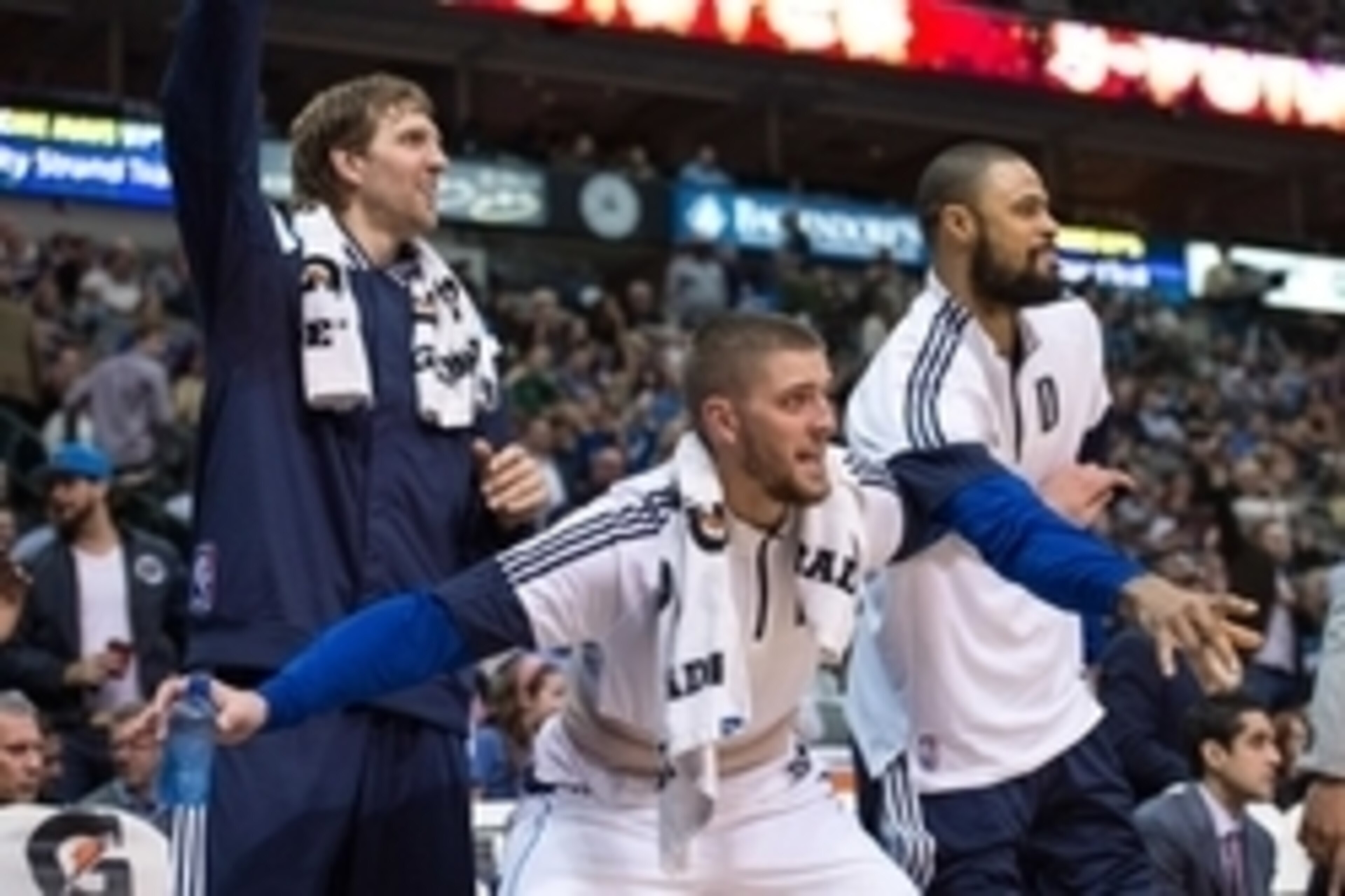 Nov 21, 2014; Dallas, TX, USA; Dallas Mavericks forward Dirk Nowitzki (41) and forward Chandler Parsons (25) and center Tyson Chandler (6) during the game against the Los Angeles Lakers at the American Airlines Center. The Mavericks defeated the Lakers 14 Nov 21, 2014; Dallas, TX, USA; Dallas Mavericks forward Dirk Nowitzki (41) and forward Chandler Parsons (25) and center Tyson Chandler (6) during the game against the Los Angeles Lakers at the American Airlines Center. The Mavericks defeated the Lakers 14
