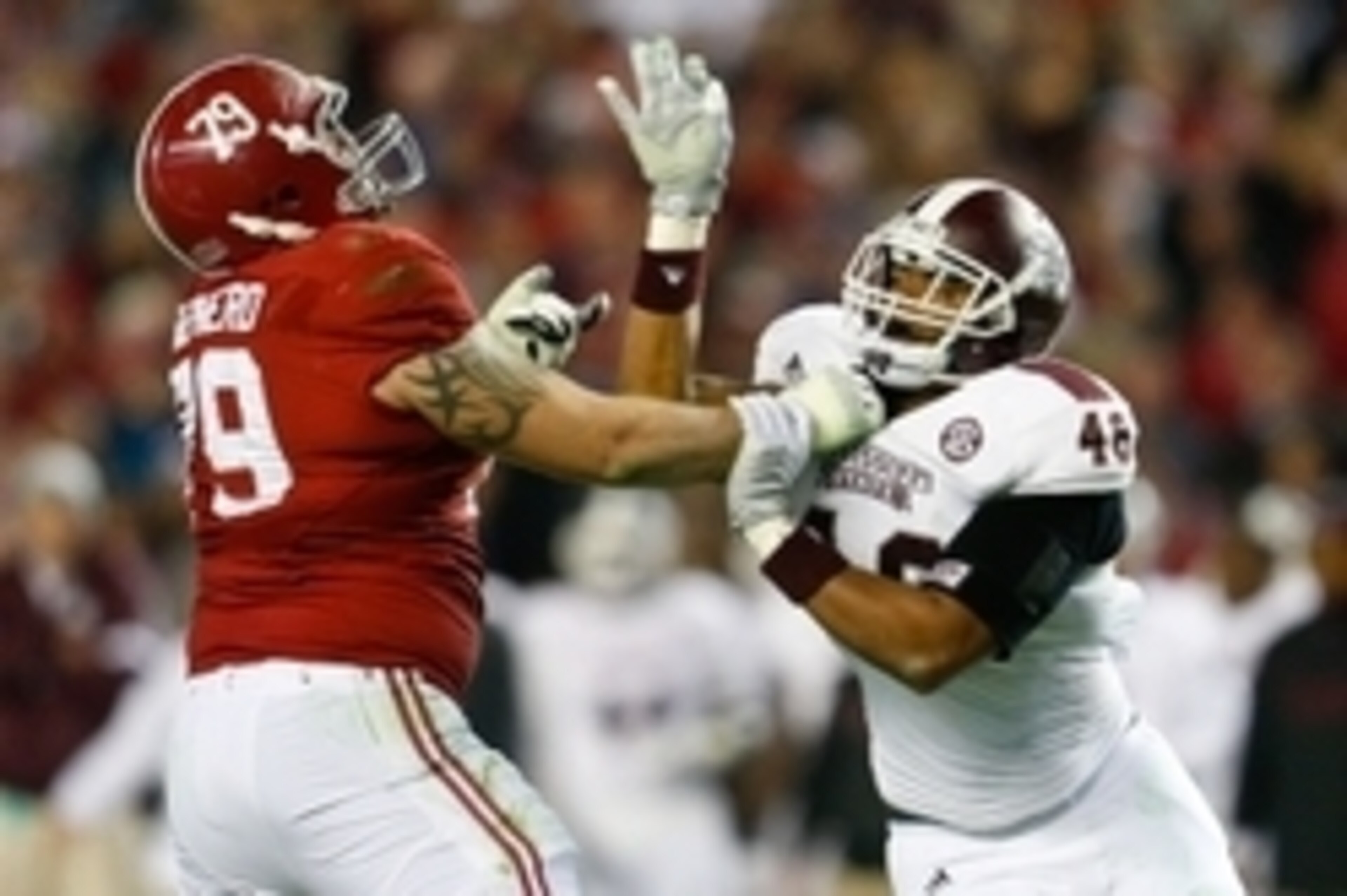 Nov 15, 2014; Tuscaloosa, AL, USA; Alabama Crimson Tide offensive lineman Austin Shepherd (79) blocks Mississippi State Bulldogs defensive lineman Ryan Brown (48) at Bryant-Denny Stadium. Mandatory Credit: Marvin Gentry-USA TODAY Sports