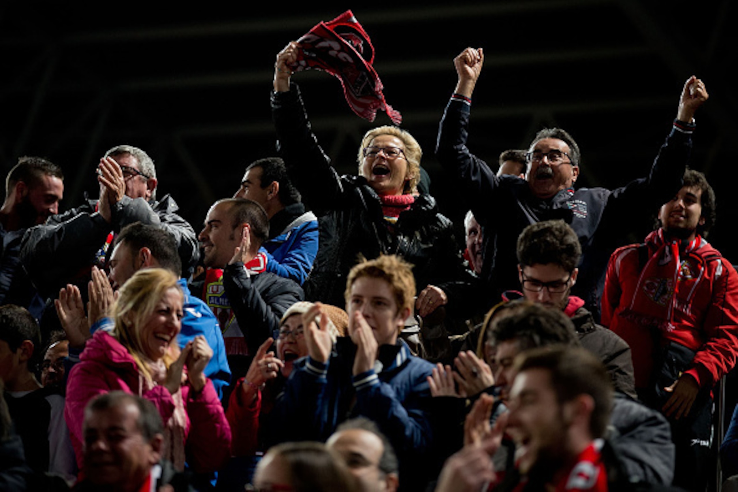 ALMERIA, SPAIN - DECEMBER 12: Almeria UD fans celebrate their team«s goal during the La Liga match between UD Almeria and Real Madrid CF at Juegos del Mediterraneo stadium on December 12, 2014 in Almeria, Spain.  (Photo by Gonzalo Arroyo Moreno/Getty Imag