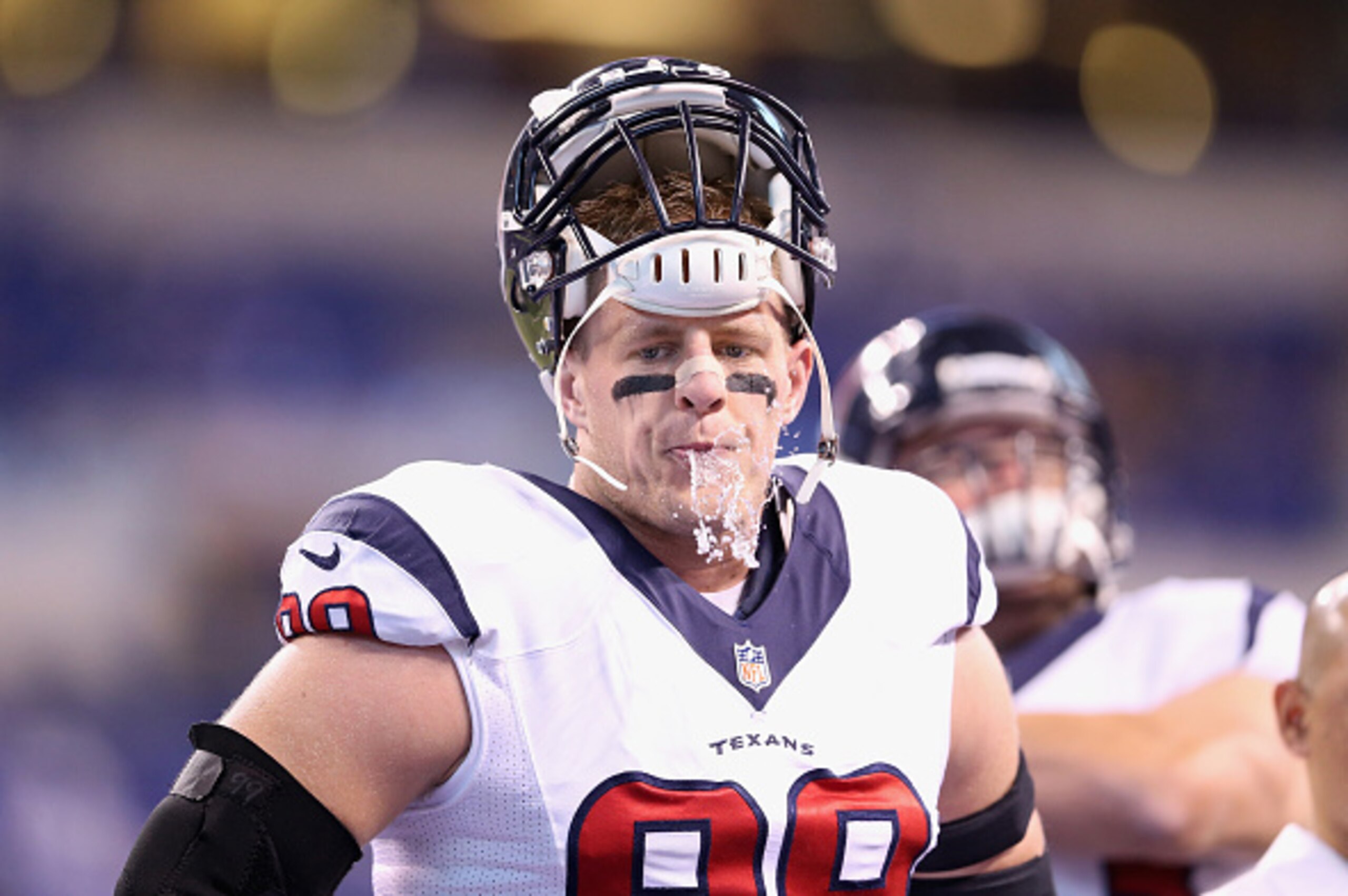 INDIANAPOLIS, IN - DECEMBER 14:  J.J. Watt #99 of the Houston Texans practices before the game against the Indianapolis Colts at Lucas Oil Stadium on December 14, 2014 in Indianapolis, Indiana.  (Photo by Andy Lyons/Getty Images)