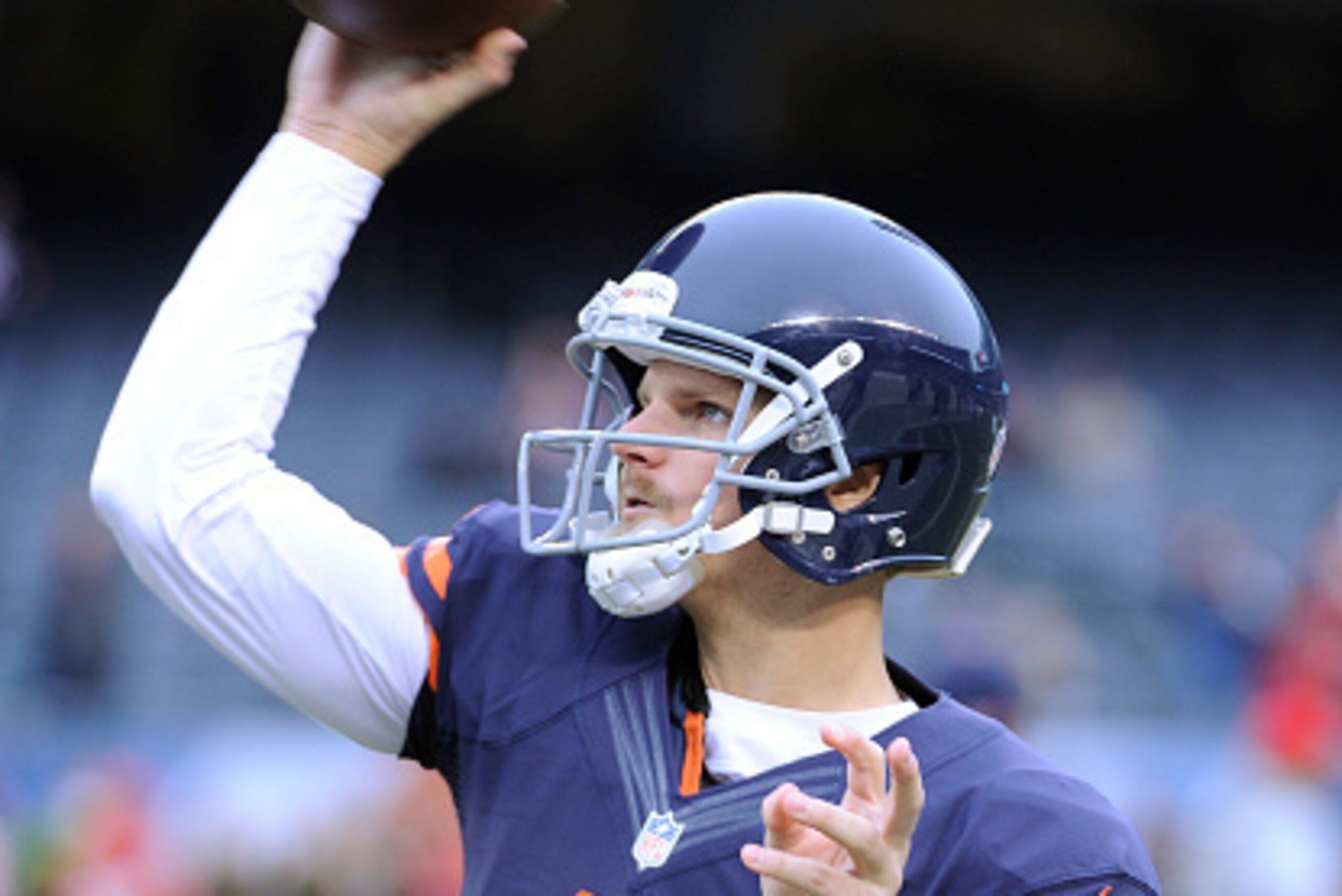 CHICAGO, IL - NOVEMBER 23: Jimmy Clausen #8 of the Chicago Bears warms up prior to the NFL game against the Tampa Bay Buccaneers on November 23, 2014 at Soldier Field in Chicago, Illinois. (Photo by David Banks/Getty Images)