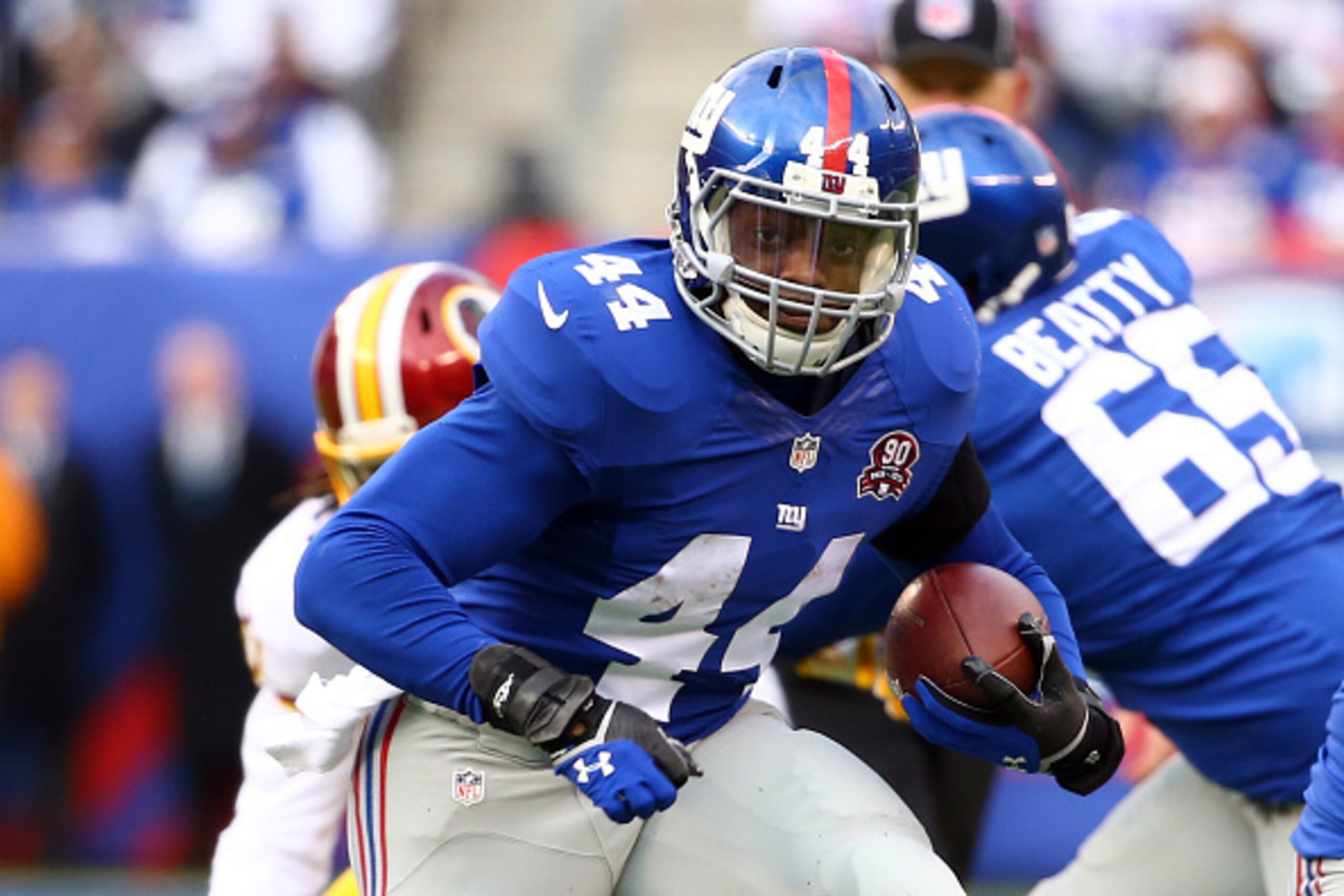 EAST RUTHERFORD, NJ - DECEMBER 14:  Andre Williams #44 of the New York Giants in action against the Washington Redskins during their game at MetLife Stadium on December 14, 2014 in East Rutherford, New Jersey.  (Photo by Al Bello/Getty Images)