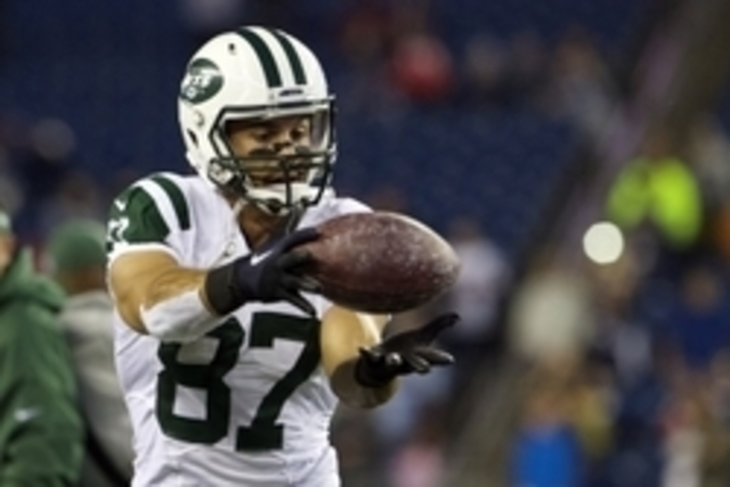 Oct 16, 2014; Foxborough, MA, USA; New York Jets wide receiver Eric Decker (87) warms up before the start of the game against the New England Patriots at Gillette Stadium. Mandatory Credit: David Butler II-USA TODAY Sports
