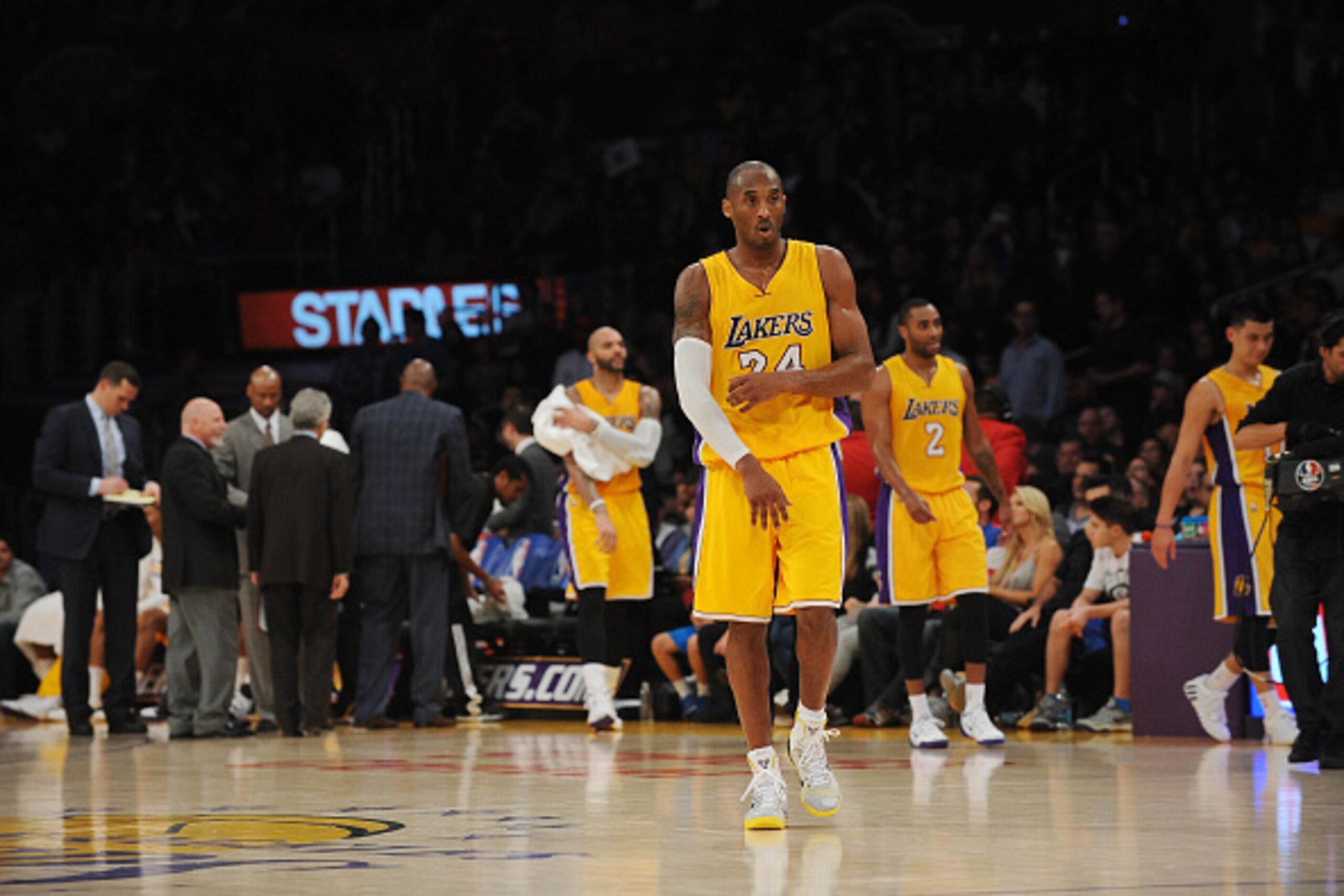 LOS ANGELES, CA - DECEMBER 19: Kobe Bryant #24 of the Los Angeles Lakers stands on the court during a game against the Oklahoma City Thunder at STAPLES Center on December 19, 2014 in Los Angeles, California. NOTE TO USER: User expressly acknowledges and a