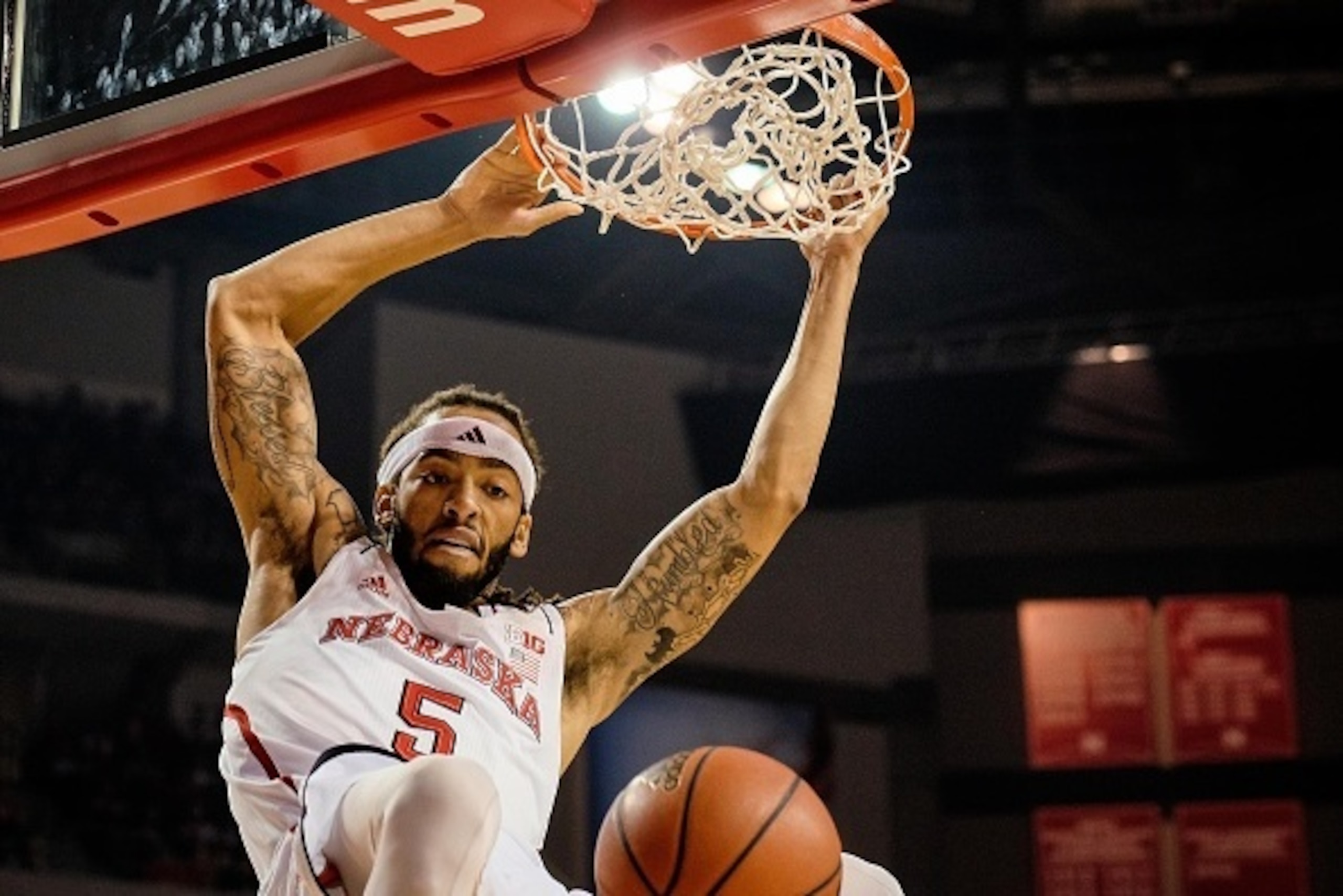 LINCOLN, NE - NOVEMBER 25: Terran Petteway #5 of the Nebraska Cornhuskers finishes a slam dunk during their game against the Nebraska-Omaha Mavericks at Pinnacle Bank Arena November 25, 2014 in Lincoln, Nebraska.   (Photo by Eric Francis/Getty Images)