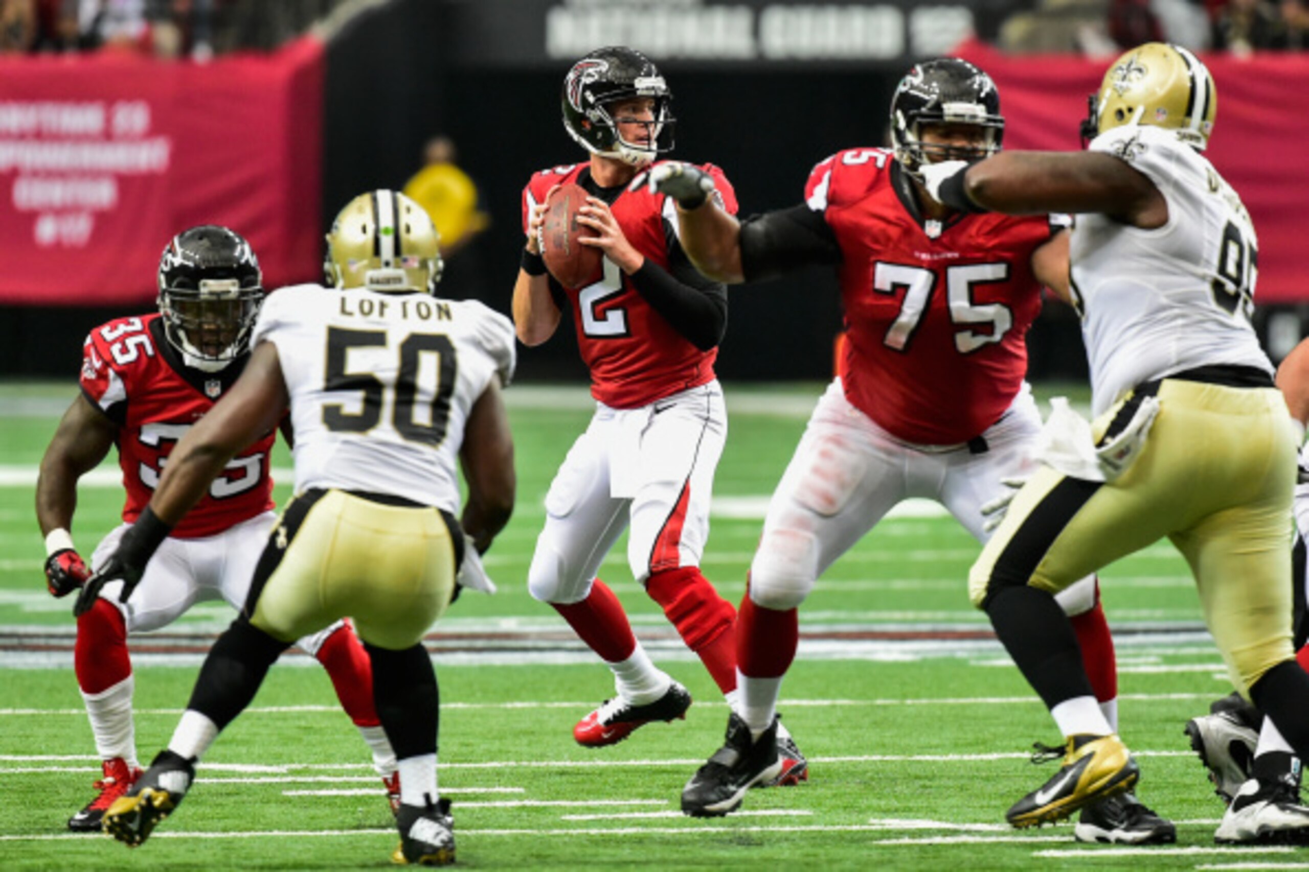 ATLANTA, GA - SEPTEMBER 07:  Matt Ryan #2 of the Atlanta Falcons drops back to pass in the first half against the New Orleans Saints at the Georgia Dome on September 7, 2014 in Atlanta, Georgia.  (Photo by Scott Cunningham/Getty Images)
