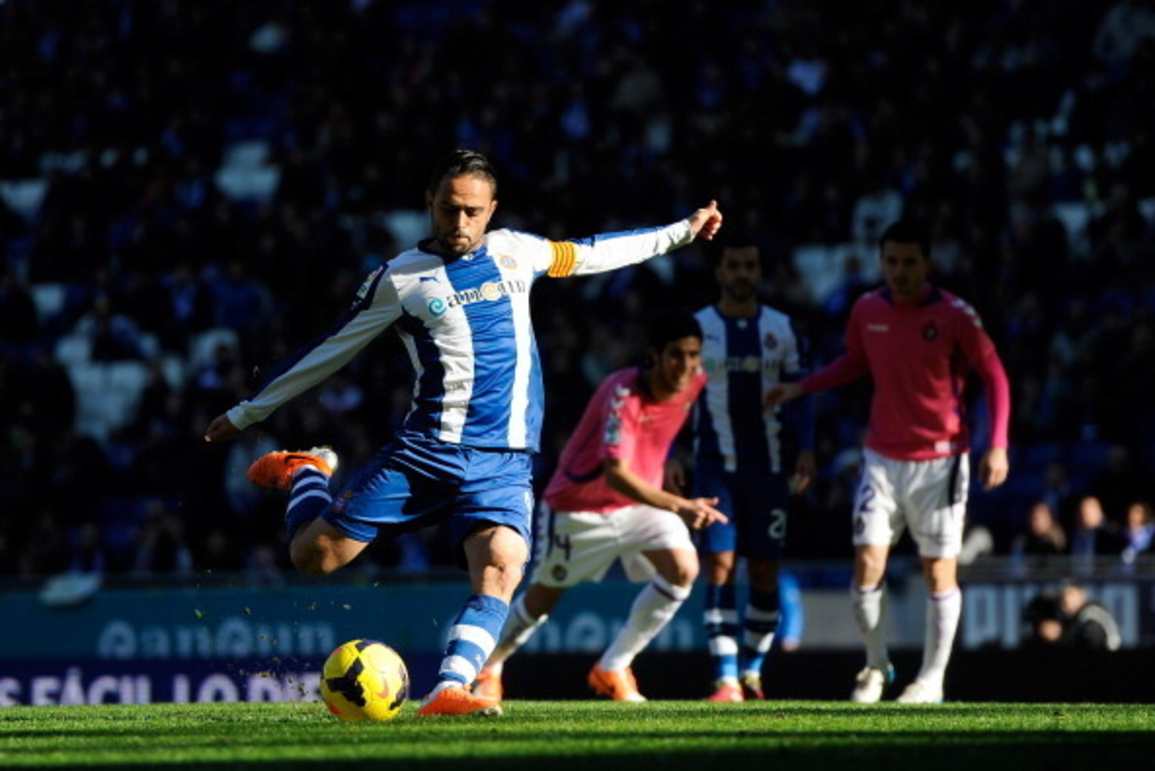 BARCELONA, SPAIN - DECEMBER 22:  Sergio Garcia of RCD Espanyol scores the opening goal from the penalty spot  during the La Liga match between RCD Espanyol and Real Valldolid CF at Cornella-El Prat Stadium on December 22, 2013 in Barcelona, Spain.  (Photo
