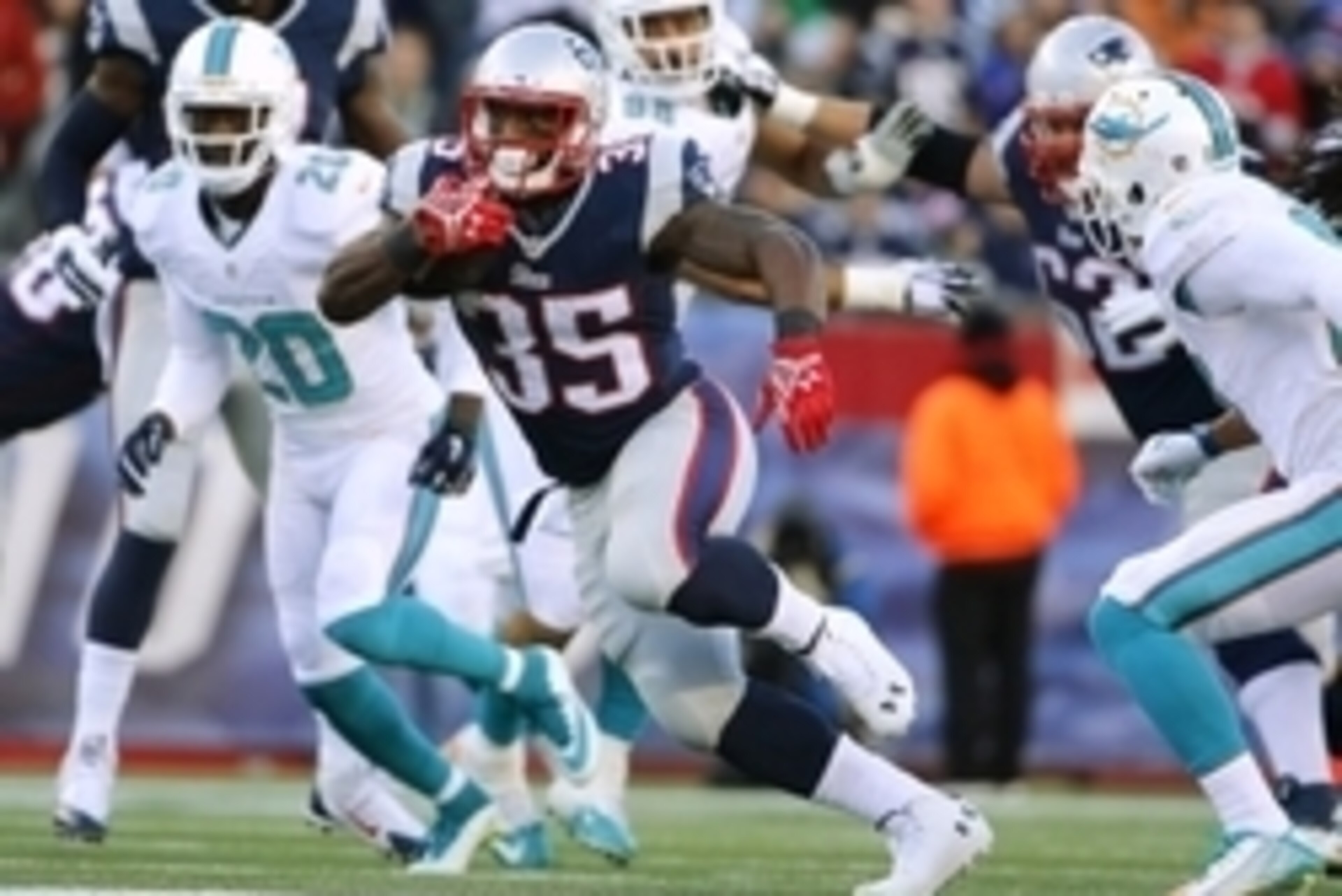 Dec 14, 2014; Foxborough, MA, USA; New England Patriots running back Jonas Gray (35) carries the ball against the Miami Dolphins at Gillette Stadium. The Patriots won 41-13. Mandatory Credit: Winslow Townson-USA TODAY Sports Dec 14, 2014; Foxborough, MA, USA; New England Patriots running back Jonas Gray (35) carries the ball against the Miami Dolphins at Gillette Stadium. The Patriots won 41-13. Mandatory Credit: Winslow Townson-USA TODAY Sports