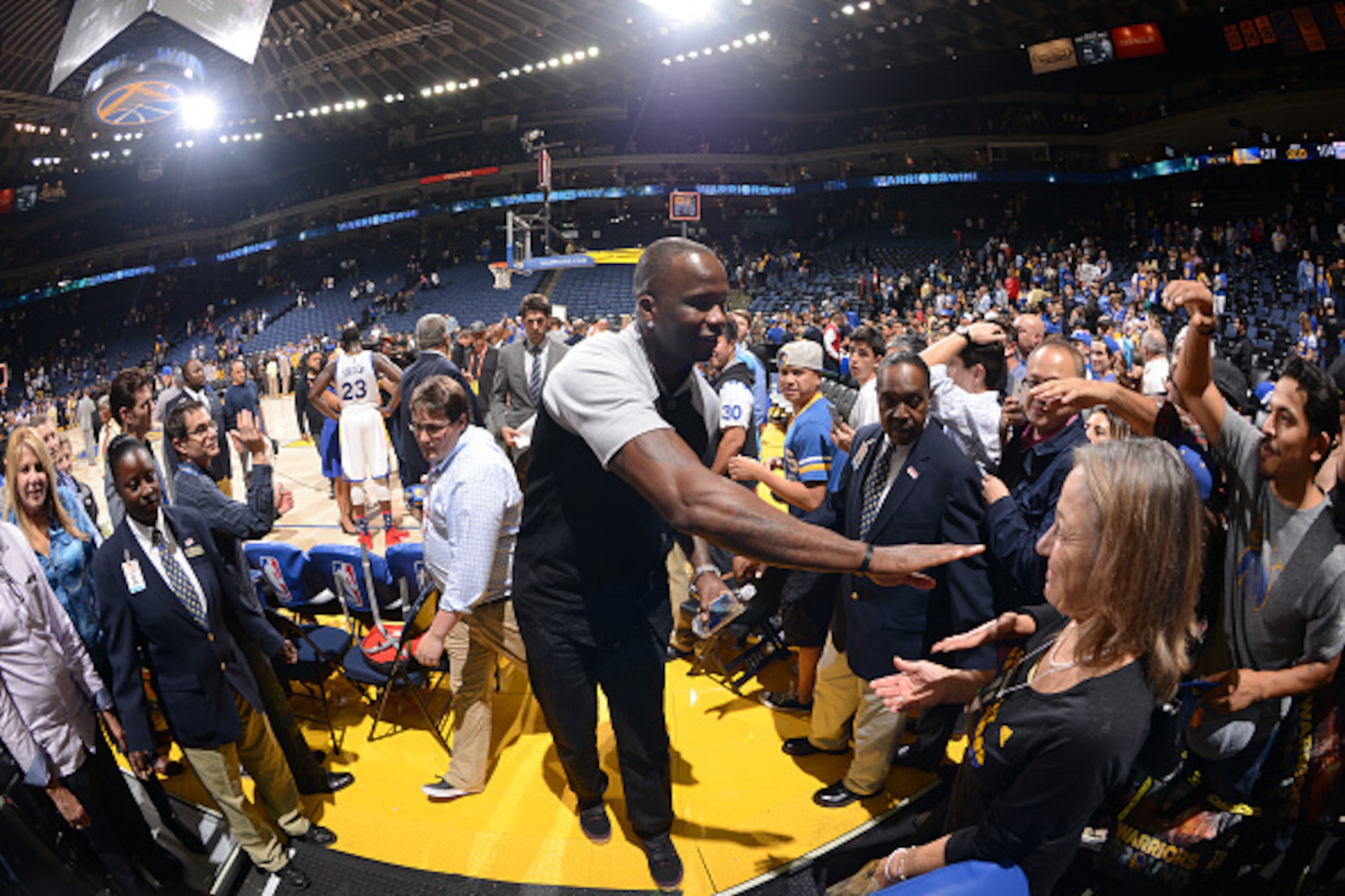 OAKLAND, CA - NOVEMBER 5: Former Warrior Jermaine O'neal greets fans after a game between the Golden State Warriors and Los Angeles Clippers on November 5, 2014 at Oracle Arena in Oakland, California. NOTE TO USER: User expressly acknowledges and agrees t
