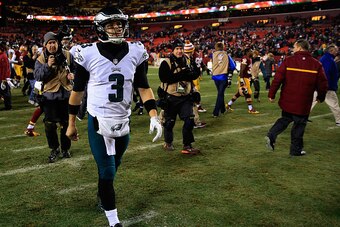 LANDOVER, MD - DECEMBER 20: Quarterback Mark Sanchez #3 of the Philadelphia Eagles walks off the field following the Eagles 27-24 loss to the Washington Redskins at FedExField on December 20, 2014 in Landover, Maryland.  (Photo by Rob Carr/Getty Images)