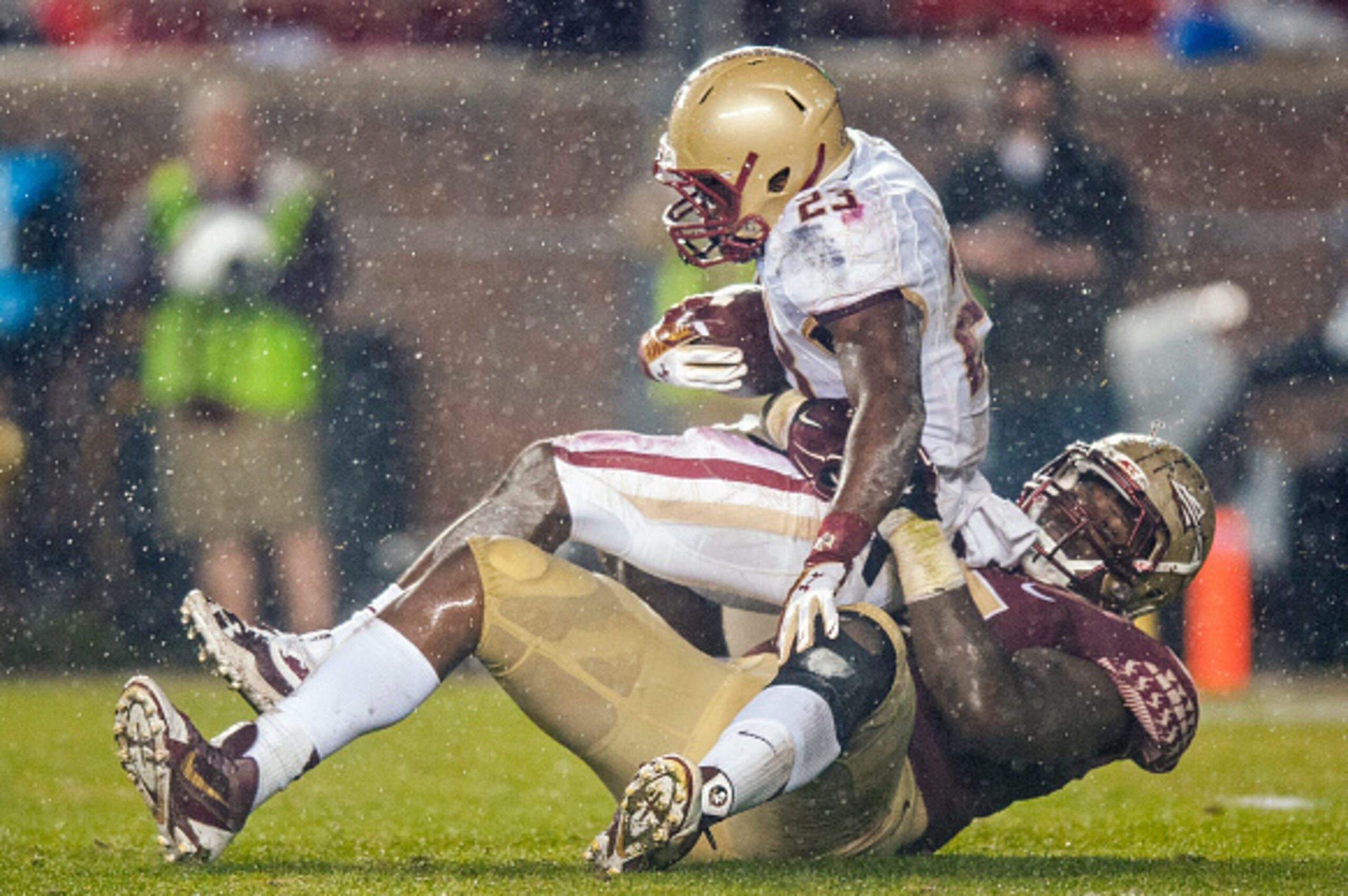 TALLAHASSEE, FL - NOVEMBER 22: Mario Edwards Jr. #15 of the Florida State Seminoles takes down Myles Willis #23 of the Boston College Eagles during the game at Doak Campbell Stadium on November 22, 2014 in Tallahassee, Florida. The Seminoles defeated the