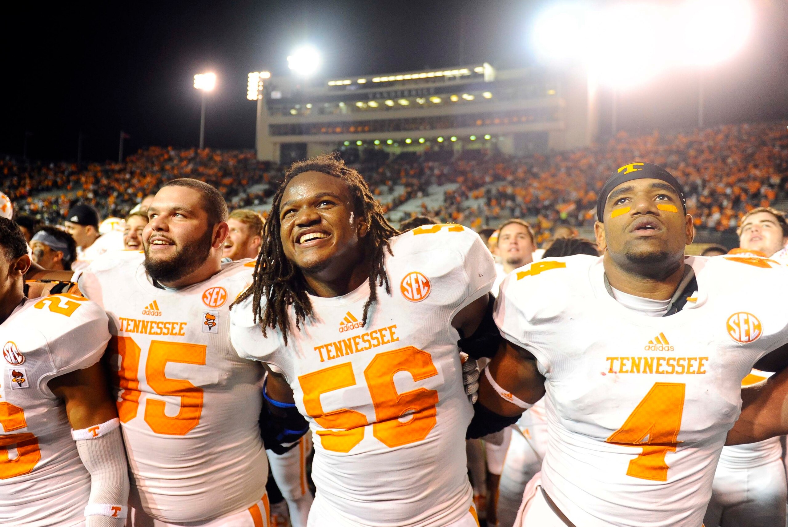 Nov 29, 2014; Nashville, TN, USA; Tennessee Volunteers players celebrate after a win against the Vanderbilt Commodores at Vanderbilt Stadium. The Volunteers won 24-17. Mandatory Credit: Christopher Hanewinckel-USA TODAY Sports
