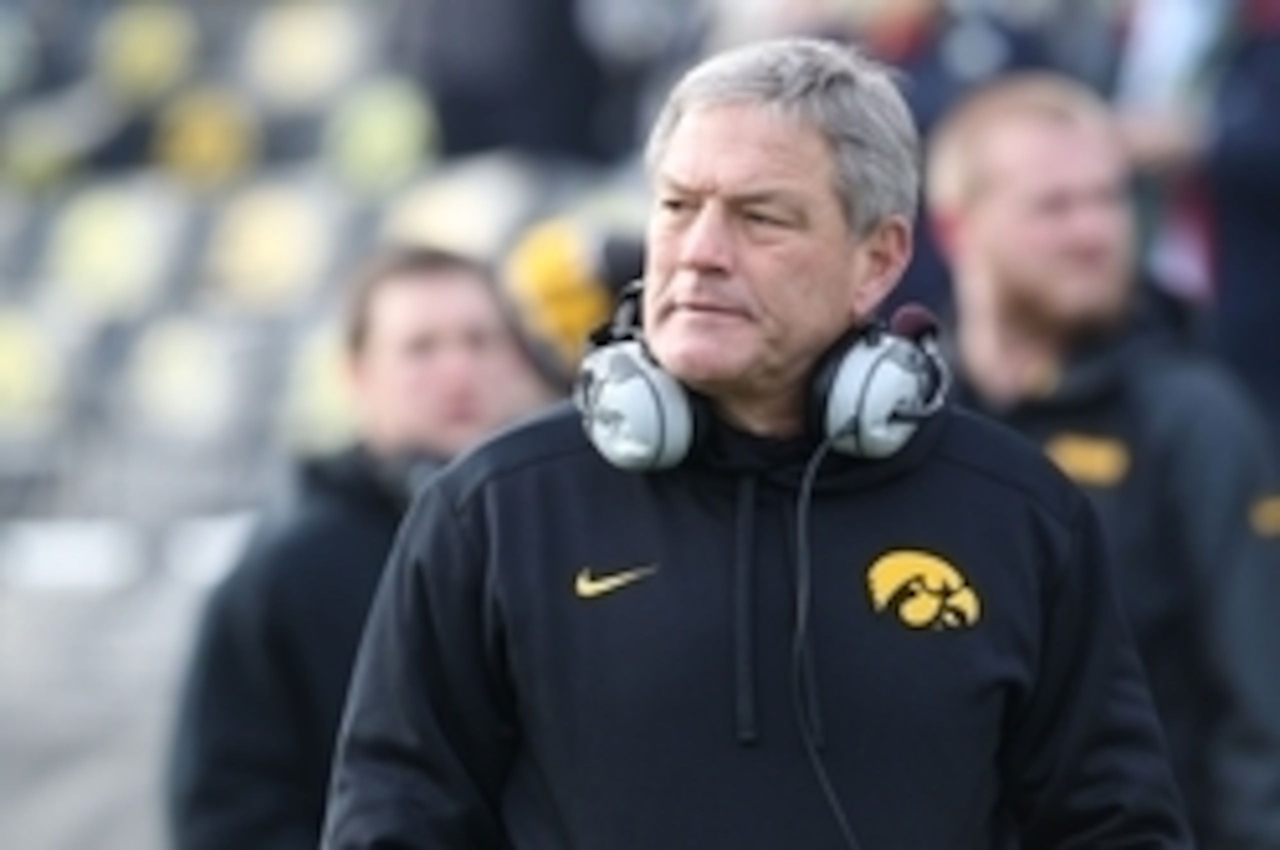 Nov 28, 2014; Iowa City, IA, USA; Iowa Hawkeyes head coach Kirk Ferentz watches his team against the Nebraska Cornhuskers at Kinnick Stadium. Mandatory Credit: Reese Strickland-USA TODAY Sports