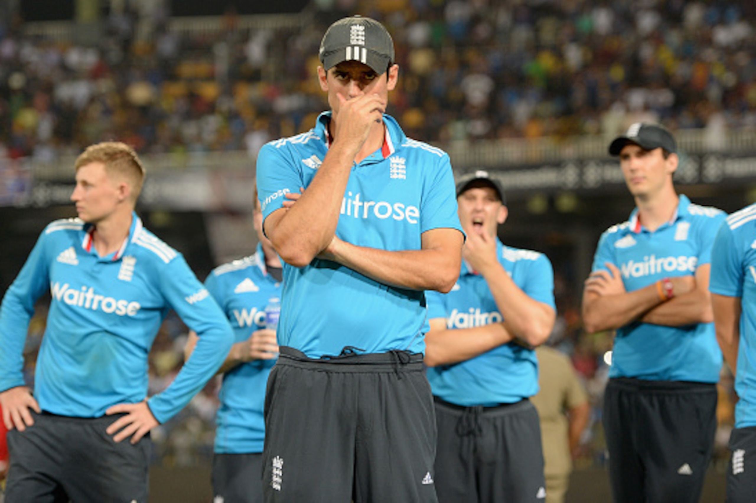 COLOMBO, SRI LANKA - DECEMBER 16: England captain Alastair Cook watched the presentations after losing the 7th One Day International match between Sri Lanka and England at R. Premadasa Stadium on December 16, 2014 in Colombo, Sri Lanka. (Photo by Gareth COLOMBO, SRI LANKA - DECEMBER 16: England captain Alastair Cook watched the presentations after losing the 7th One Day International match between Sri Lanka and England at R. Premadasa Stadium on December 16, 2014 in Colombo, Sri Lanka. (Photo by Gareth