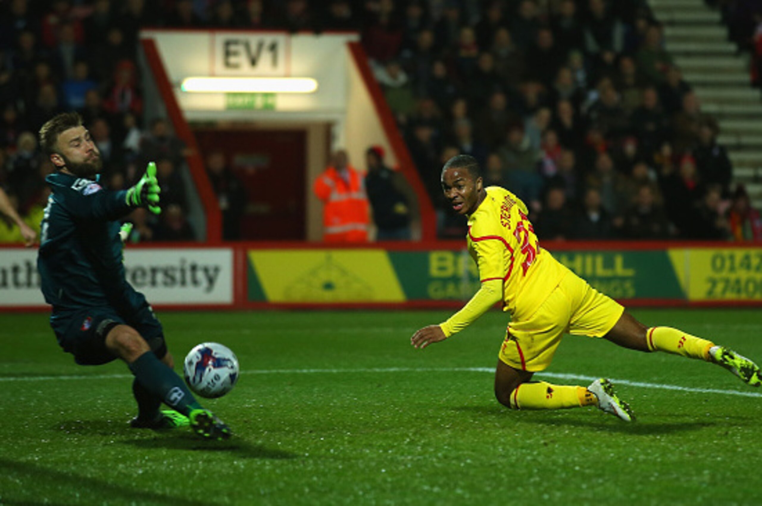 BOURNEMOUTH, ENGLAND - DECEMBER 17:  Raheem Sterling of Liverpool scores the opening goal during the Capital One Cup Quarter-Final match between Bournemouth and Liverpool at Goldsands Stadium on December 17, 2014 in Bournemouth, England.  (Photo by Bryn L