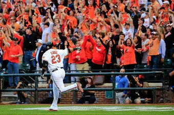 BALTIMORE, MD - OCTOBER 02:  Nelson Cruz #23 of the Baltimore Orioles celebrates after hitting a two run home run to right center field against Max Scherzer #37 of the Detroit Tigers in the first inning during Game One of the American League Division Seri