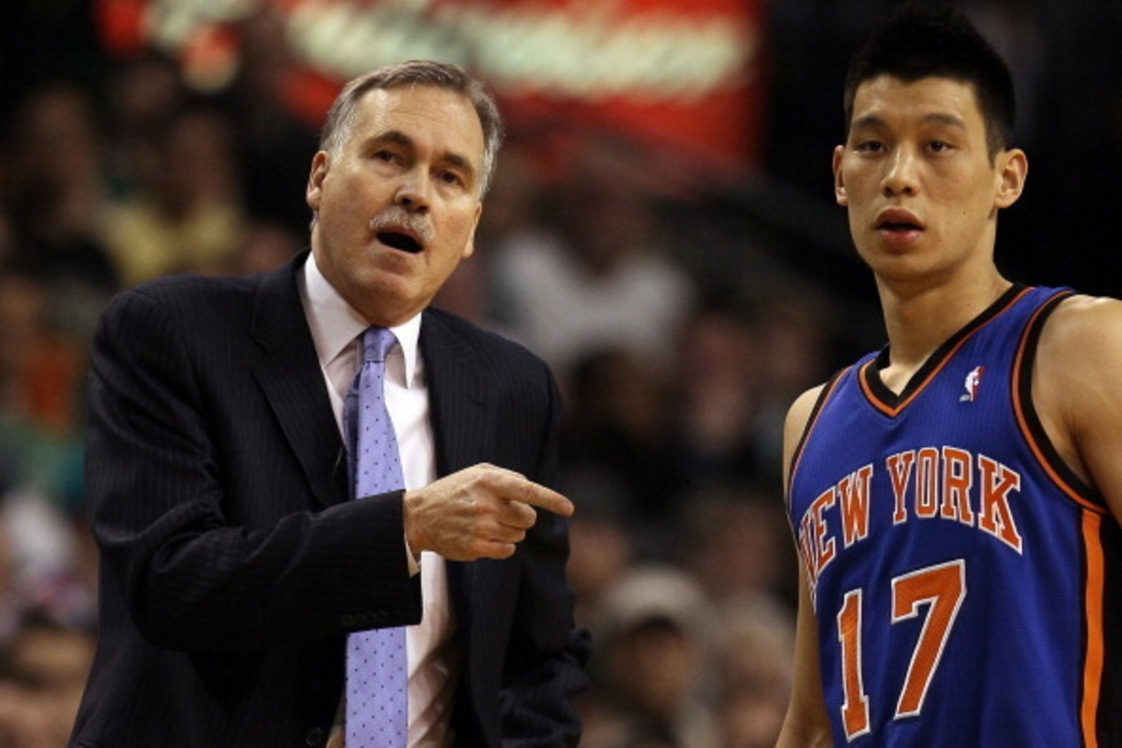 BOSTON, MA - MARCH 04: Head coach Mike D'Antoni talks with Jeremy Lin #17 of the New York Knicks on March 4, 2012 at TD Garden in Boston, Massachusetts. The Boston Celtics defeated the New York Knicks 115-111 in overtime. NOTE TO USER: User expressly ackn