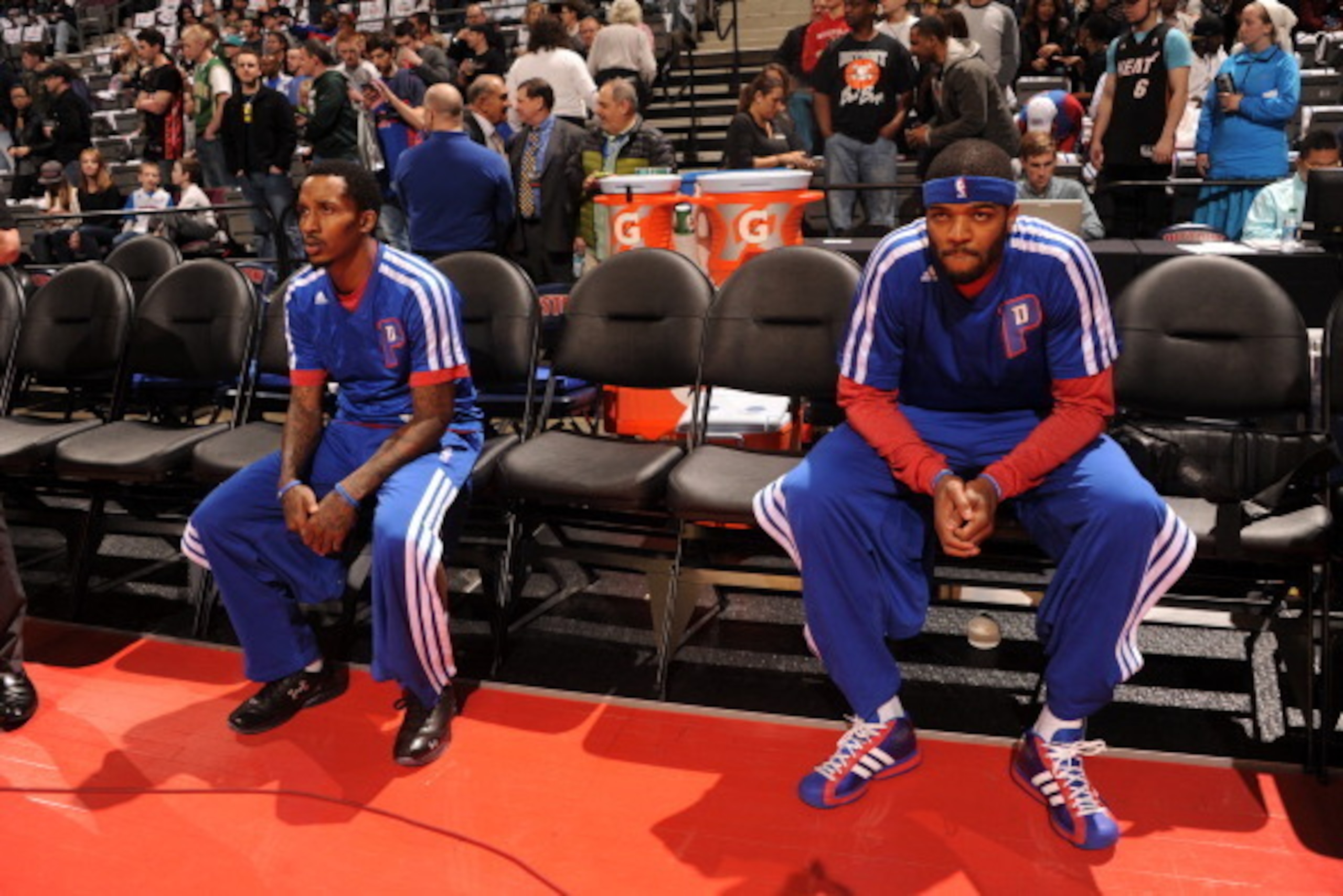AUBURN HILLS, MI - MARCH 28:  Brandon Jennings #7 and Josh Smith #6 of the Detroit Pistons sit on the bench before the game against the Miami Heat on March 28, 2014 at The Palace of Auburn Hills in Auburn Hills, Michigan. NOTE TO USER: User expressly ackn