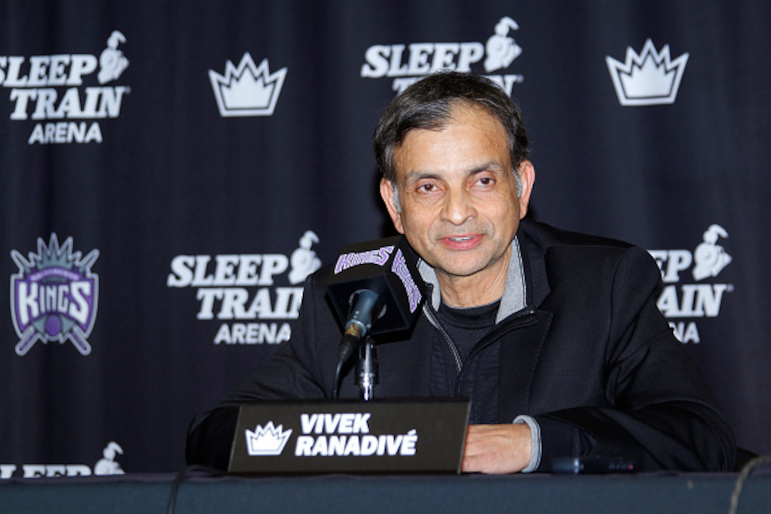 SACRAMENTO, CA - NOVEMBER 19:  Vivek Ranadive' addresses the media at a press conference to announce the signing of a contract extension with Rudy Gay to the Sacramento Kings on November 19, 2014 at the Kings Practice Facility in Sacramento, California. N