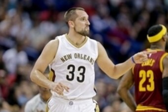 Dec 12, 2014; New Orleans, LA, USA; New Orleans Pelicans forward Ryan Anderson (33) reacts after scoring on a three point basket against the Cleveland Cavaliers during the second half of a game at the Smoothie King Center. The Pelicans defeated the Cavali