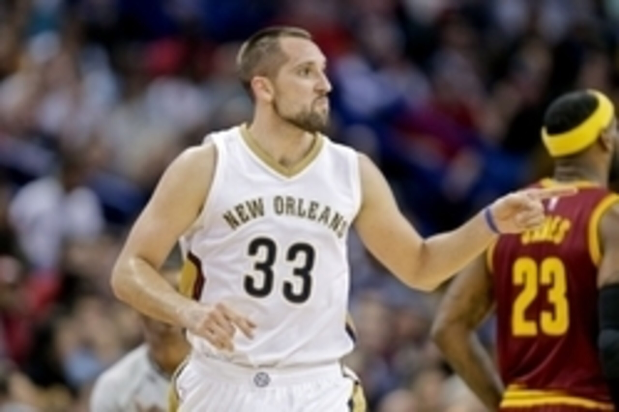 Dec 12, 2014; New Orleans, LA, USA; New Orleans Pelicans forward Ryan Anderson (33) reacts after scoring on a three point basket against the Cleveland Cavaliers during the second half of a game at the Smoothie King Center. The Pelicans defeated the Cavali