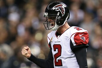 NEW ORLEANS, LA - DECEMBER 21:  Matt Ryan #2 of the Atlanta Falcons celebrates a touchdown during the second quarter of a game against the New Orleans Saints at the Mercedes-Benz Superdome on December 21, 2014 in New Orleans, Louisiana.  (Photo by Chris G