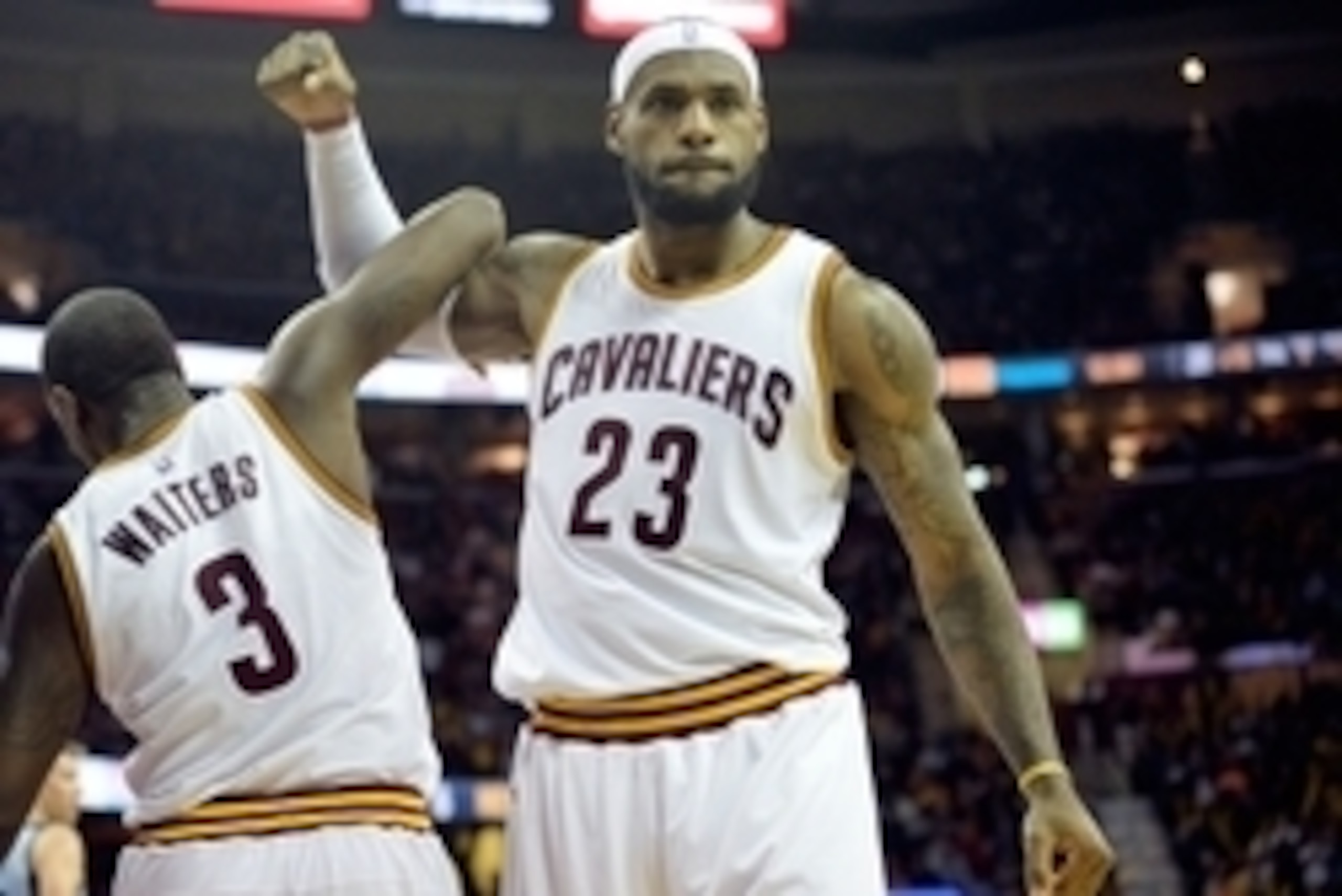 Dec 21, 2014; Cleveland, OH, USA; Cleveland Cavaliers forward LeBron James (23) and guard Dion Waiters (3) celebrate in the fourth quarter against the Memphis Grizzlies at Quicken Loans Arena. Mandatory Credit: David Richard-USA TODAY Sports Dec 21, 2014; Cleveland, OH, USA; Cleveland Cavaliers forward LeBron James (23) and guard Dion Waiters (3) celebrate in the fourth quarter against the Memphis Grizzlies at Quicken Loans Arena. Mandatory Credit: David Richard-USA TODAY Sports