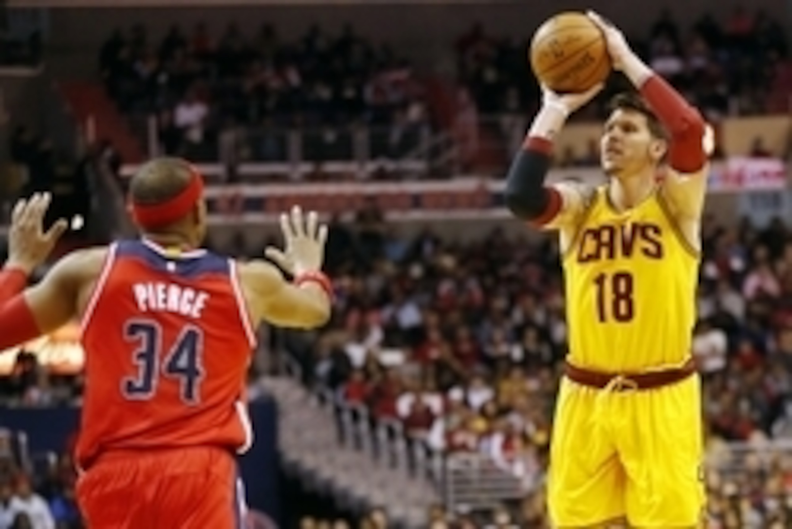 Nov 21, 2014; Washington, DC, USA; Cleveland Cavaliers forward Mike Miller (18) shoots the ball as Washington Wizards forward Paul Pierce (34) defends in the third quarter at Verizon Center. The Wizards won 91-78. Mandatory Credit: Geoff Burke-USA TODAY S Nov 21, 2014; Washington, DC, USA; Cleveland Cavaliers forward Mike Miller (18) shoots the ball as Washington Wizards forward Paul Pierce (34) defends in the third quarter at Verizon Center. The Wizards won 91-78. Mandatory Credit: Geoff Burke-USA TODAY S