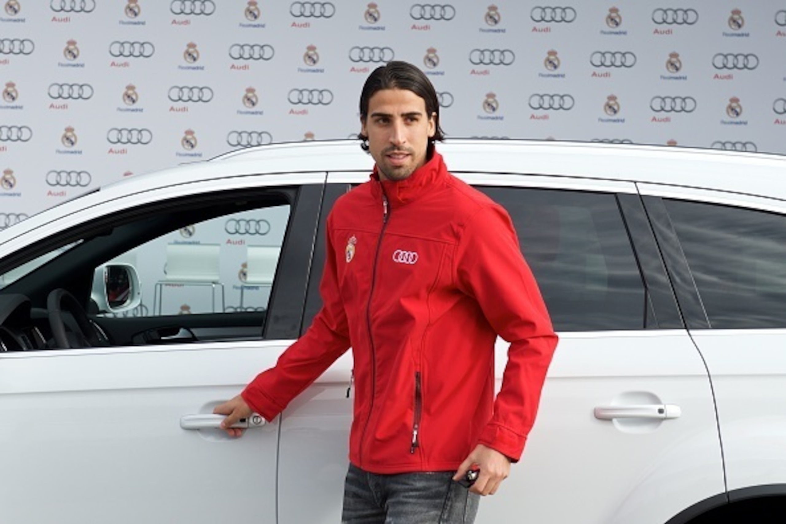 MADRID, SPAIN - DECEMBER 01:  Real Madrid player Sami Khedira receives a new Audi car at the Ciudad Deportiva del Real Madrid on December 1, 2014 in Madrid, Spain.  (Photo by Carlos Alvarez/Getty Images)