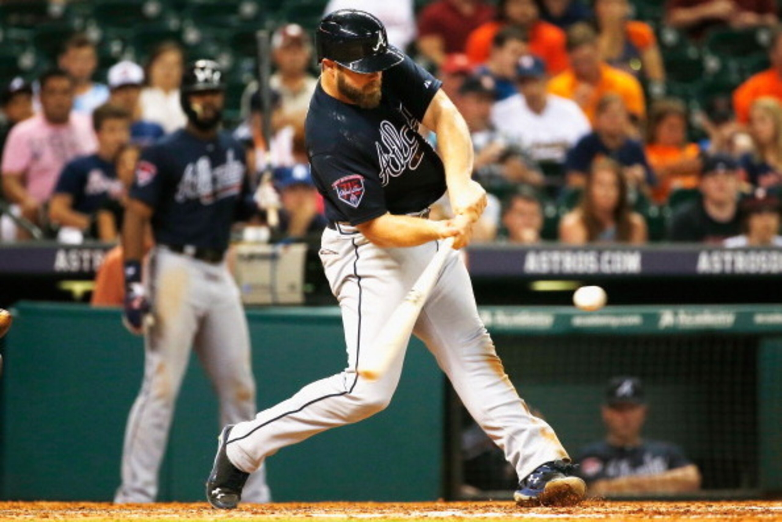 HOUSTON, TX - JUNE 25: Evan Gattis #24 of the Atlanta Braves hits a double during the ninth inning of their game against the Houston Astros at Minute Maid Park on June 25, 2014 in Houston, Texas. (Photo by Scott Halleran/Getty Images) HOUSTON, TX - JUNE 25: Evan Gattis #24 of the Atlanta Braves hits a double during the ninth inning of their game against the Houston Astros at Minute Maid Park on June 25, 2014 in Houston, Texas. (Photo by Scott Halleran/Getty Images)