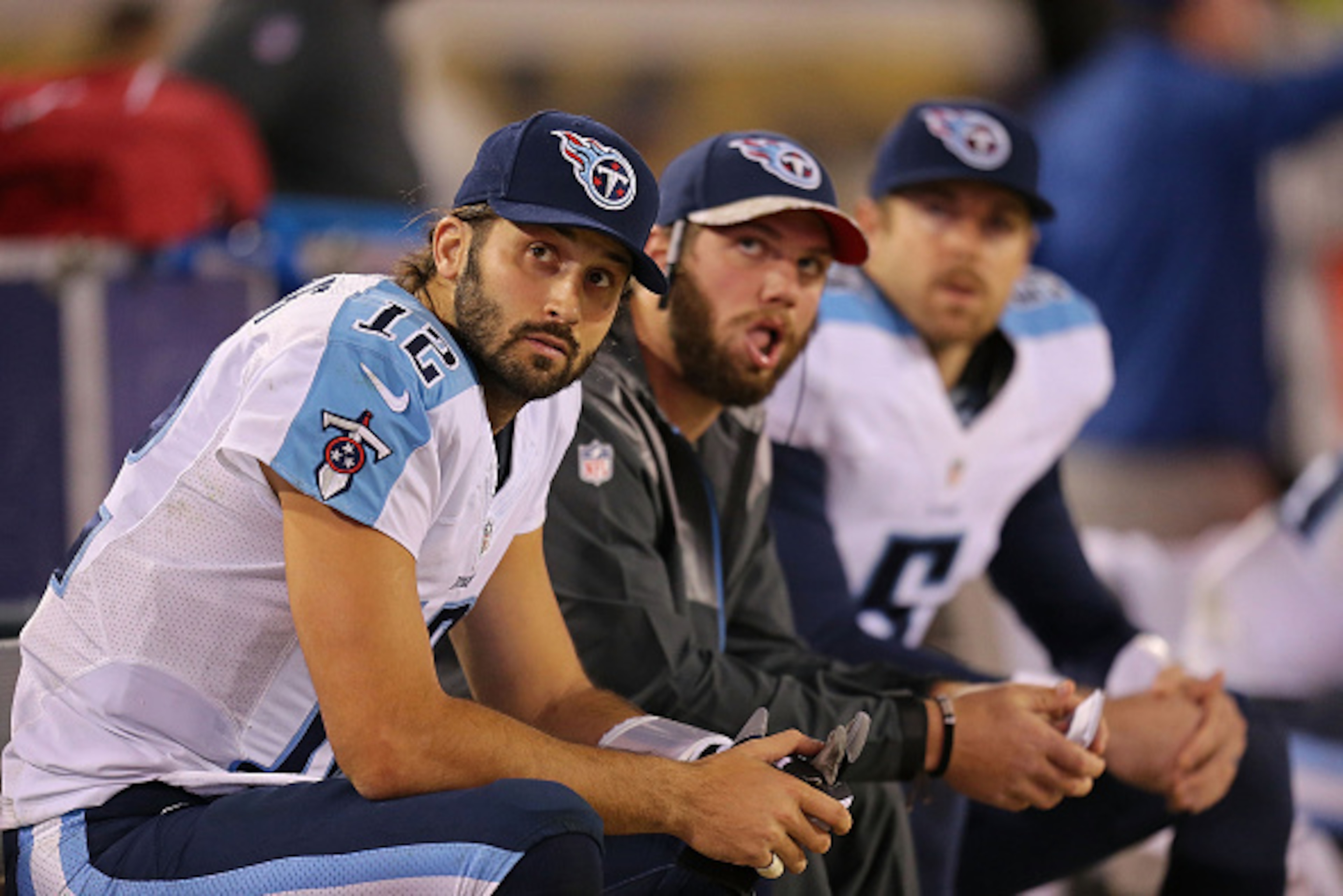 JACKSONVILLE, FL - DECEMBER 18: Charlie Whitehurst #12; Zach Mettenberger #7 and Jordan Palmer #5 of the Tennessee Titans look on during the game against the Jacksonville Jaguars at EverBank Field on December 18, 2014 in Jacksonville, Florida. (Photo by JACKSONVILLE, FL - DECEMBER 18: Charlie Whitehurst #12; Zach Mettenberger #7 and Jordan Palmer #5 of the Tennessee Titans look on during the game against the Jacksonville Jaguars at EverBank Field on December 18, 2014 in Jacksonville, Florida. (Photo by