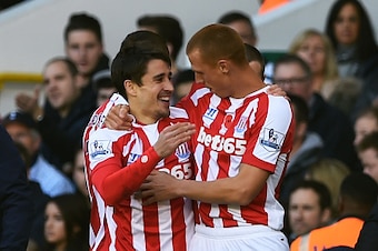 LONDON, ENGLAND - NOVEMBER 09:  Bojan Krkic (L) of Stoke City celebrates with teammate Steve Sidwell of Stoke City after scoring the opening goal during the Barclays Premier League match between Tottenham Hotspur and Stoke City at White Hart Lane on Novem