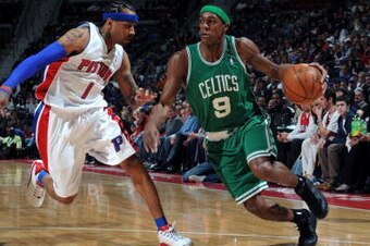 AUBURN HILLS, MI - NOVEMBER 9:  Rajon Rondo #9 of the Boston Celtics drives around Allen Iverson #1 of the Detroit Pistons on November 9, 2008 at the Palace of Auburn Hills in Auburn Hills, Michigan.  NOTE TO USER: User expressly acknowledges and agrees t